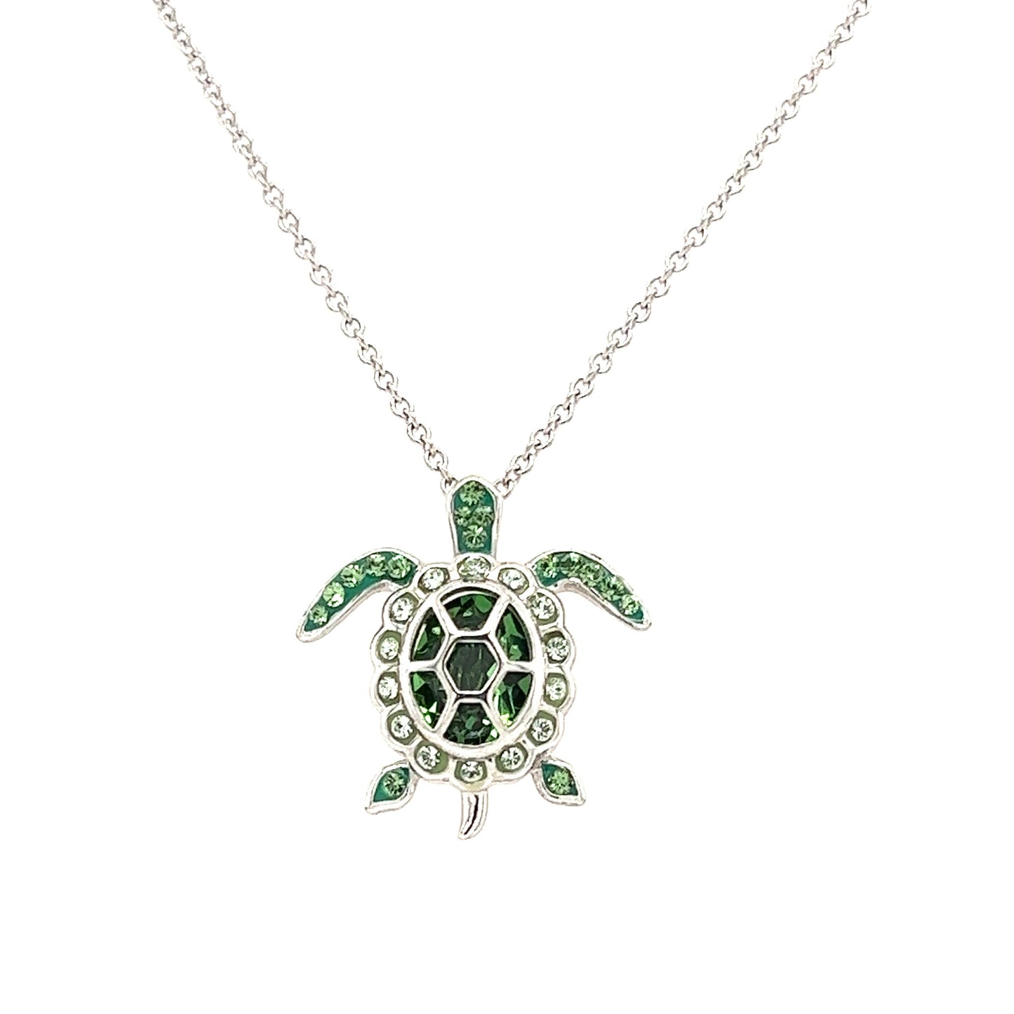 Sea Turtle Necklace with Light Green Crystals in Sterling Silver. Necklace Front View
