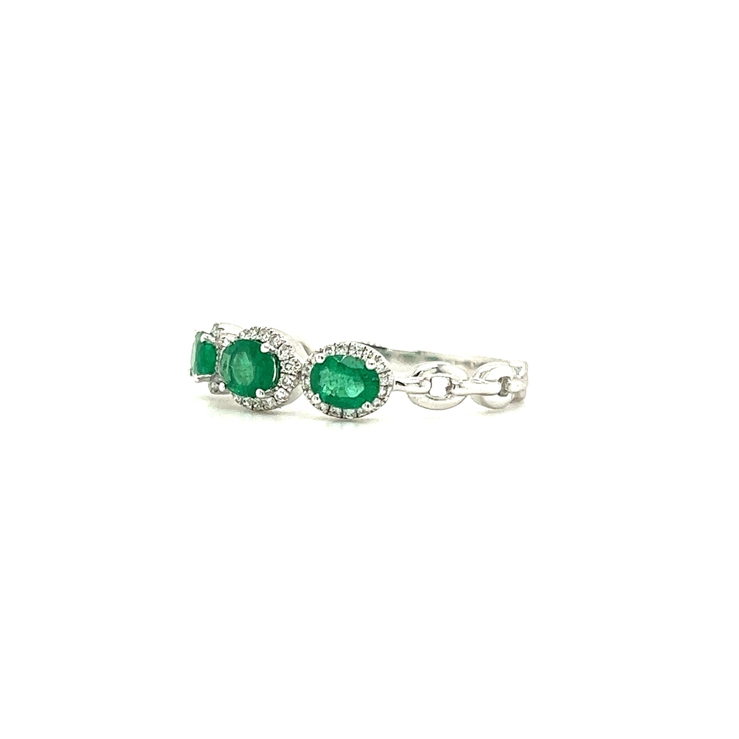 Three Stone Emerald Ring with Forty-Eight Diamonds in 14K White Gold Right Side View