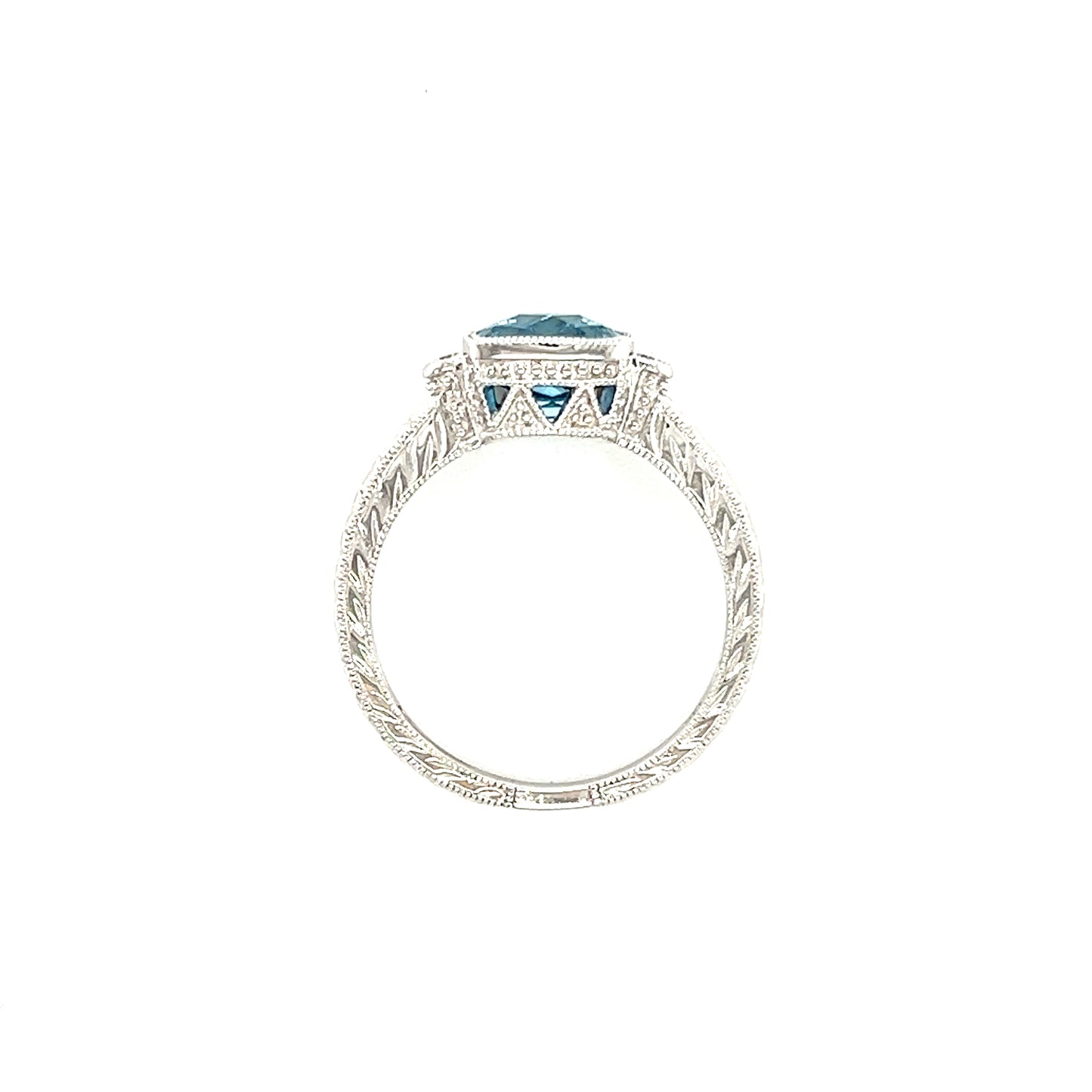Blue Topaz Ring with Side Diamonds and Engraving in 14k White Gold Top View