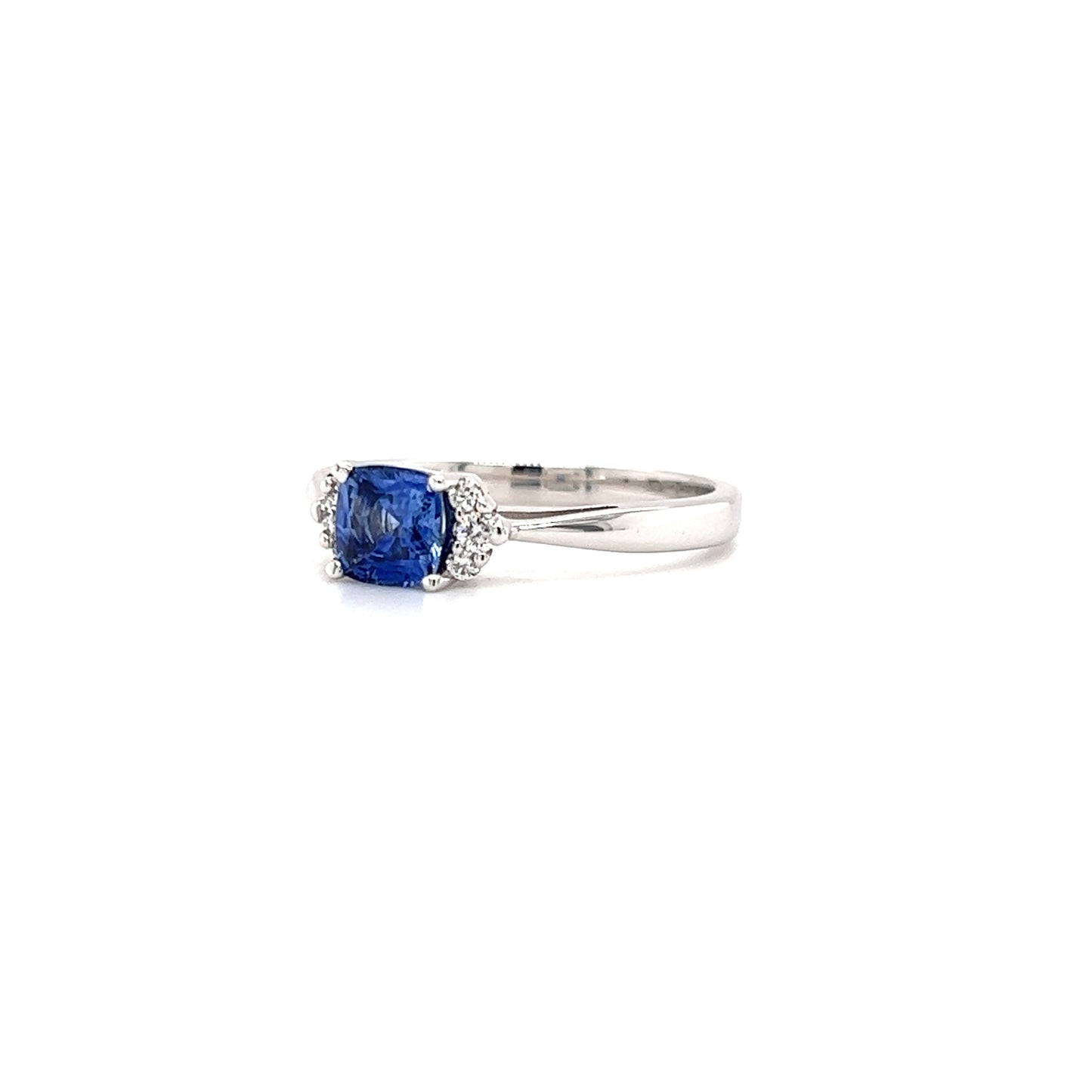 Cushion Sapphire Ring with Six Side Diamonds in 14K White Gold Right Side View