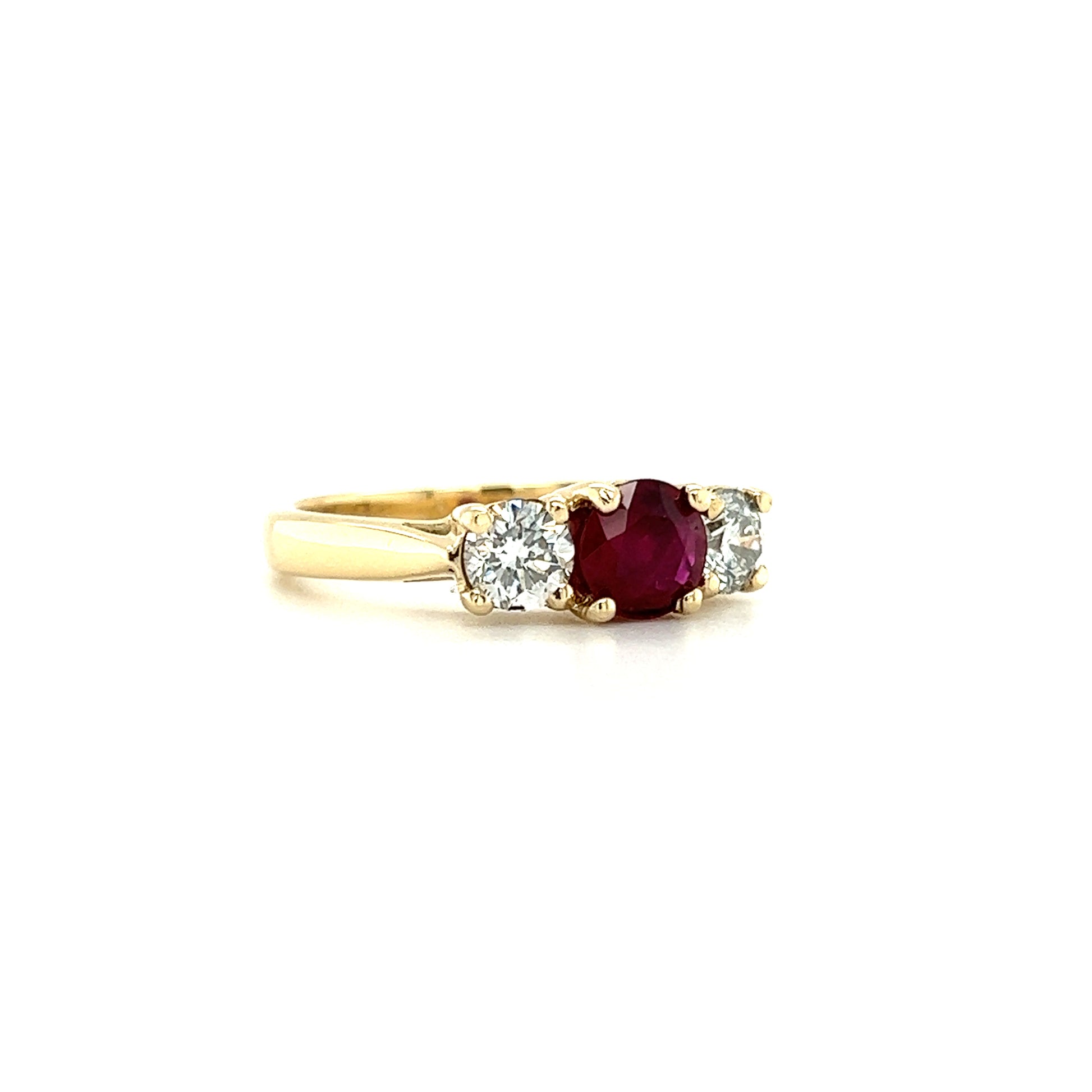 Round Ruby Ring with Two Side Diamonds in 14K Yellow Gold Left Side View