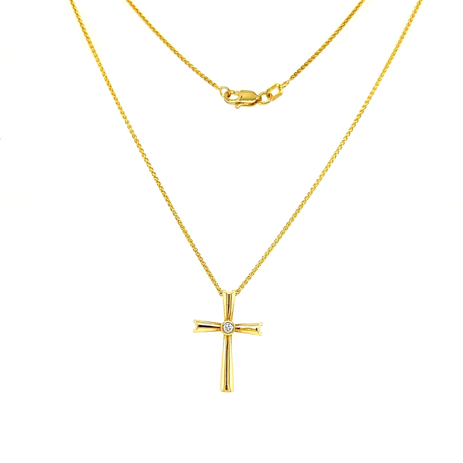 Solitaire Cross Necklace with One Diamond in 14K and 10K Yellow Gold Full Necklace Front View
