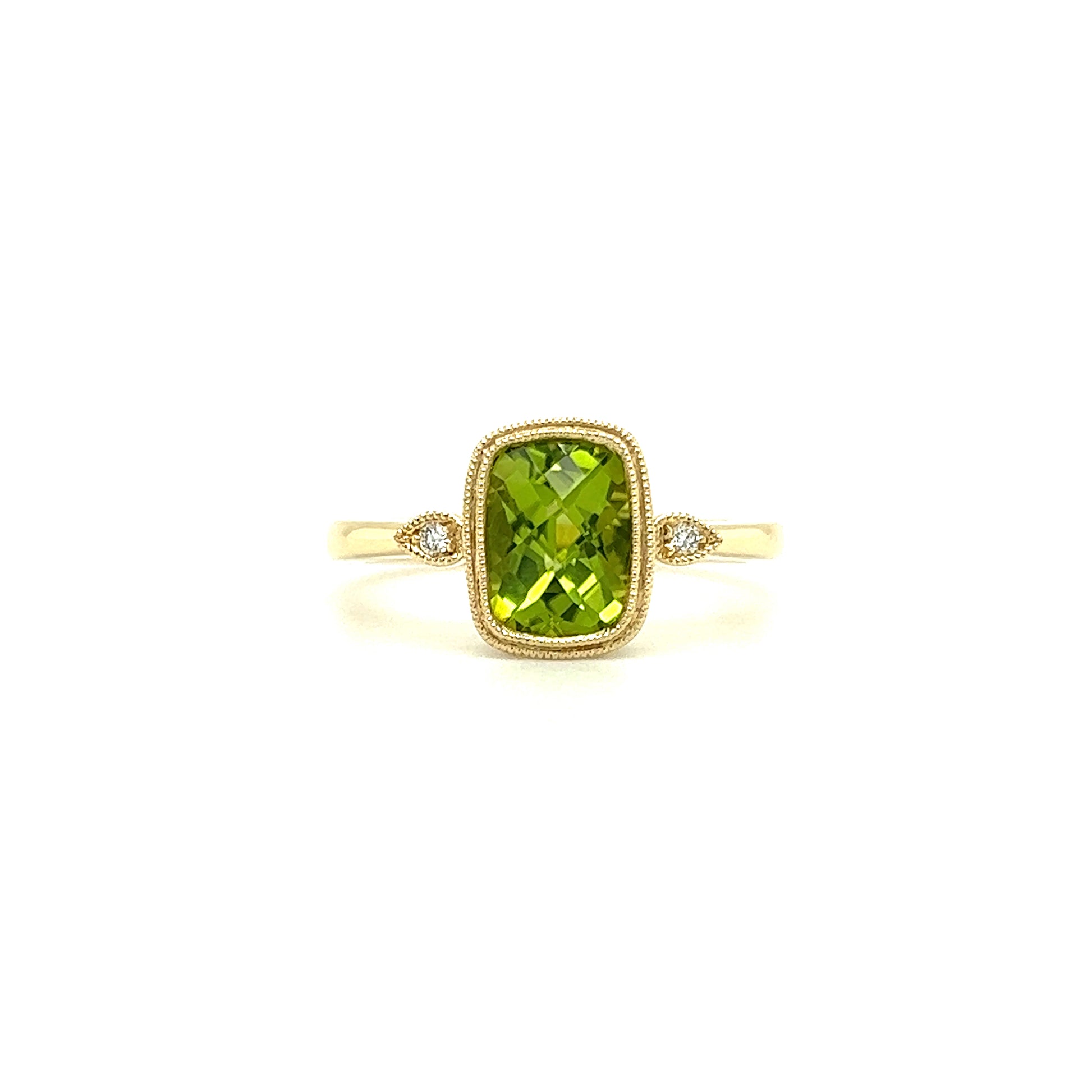 Cushion Peridot Ring with Two Side Diamonds in 14K Yellow Gold Front View