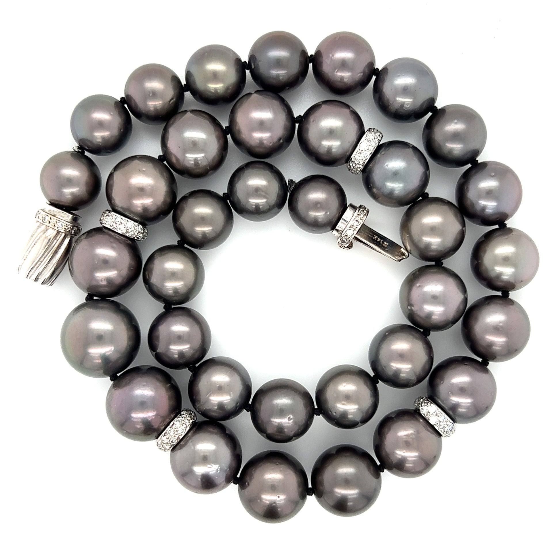 Tahitian Black Pearl Necklace with Four Diamond Rondelle and 14K White Gold Catch. Full Necklace Alternative View