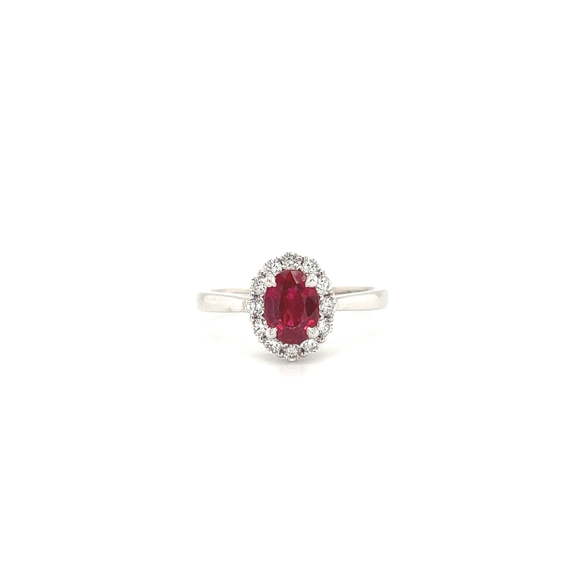 Oval Ruby Ring with Diamond Halo in 14K White Gold Front View