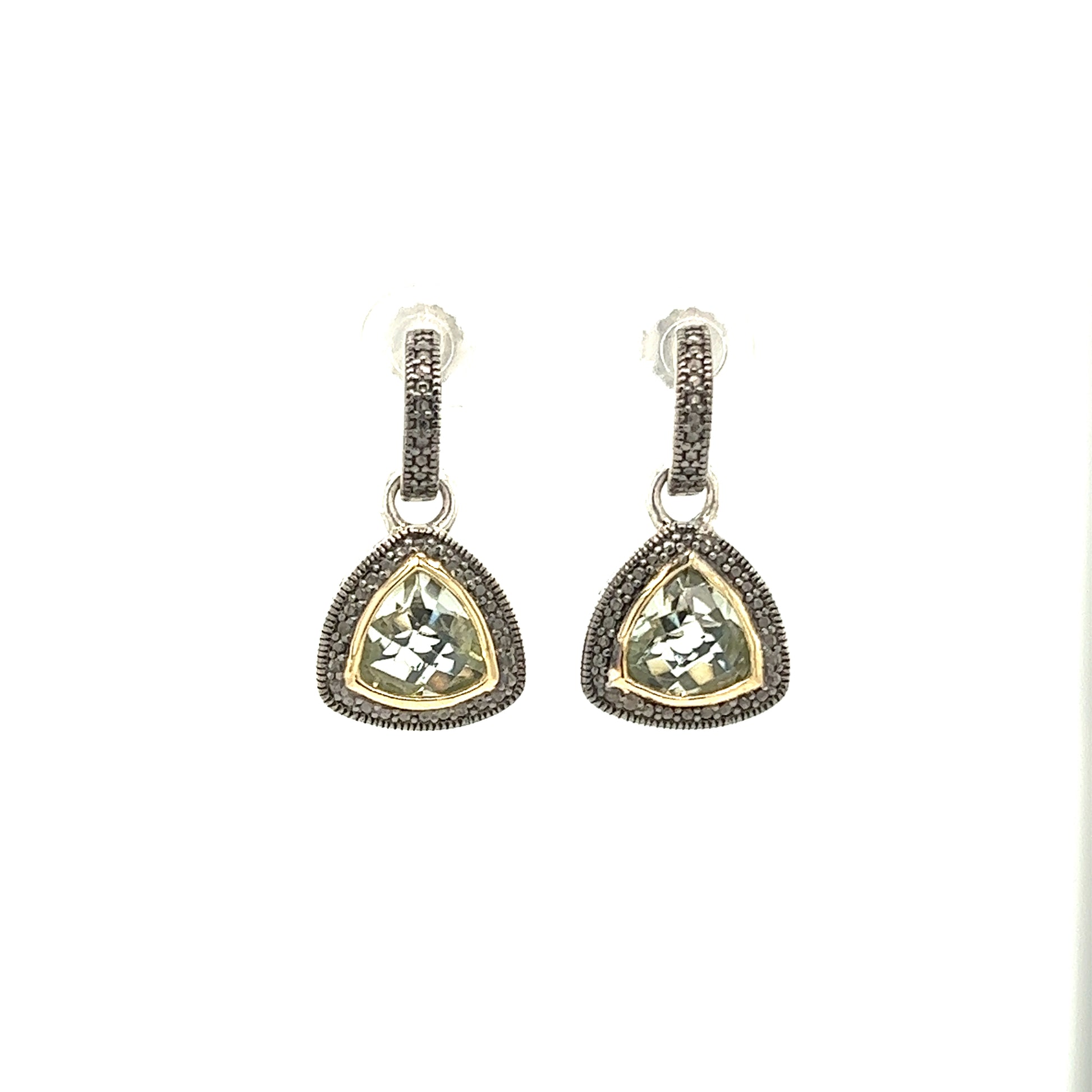 Trillion Green Quartz Dangle Earrings with 14K Yellow Gold Accent in Sterling Silver Front View
