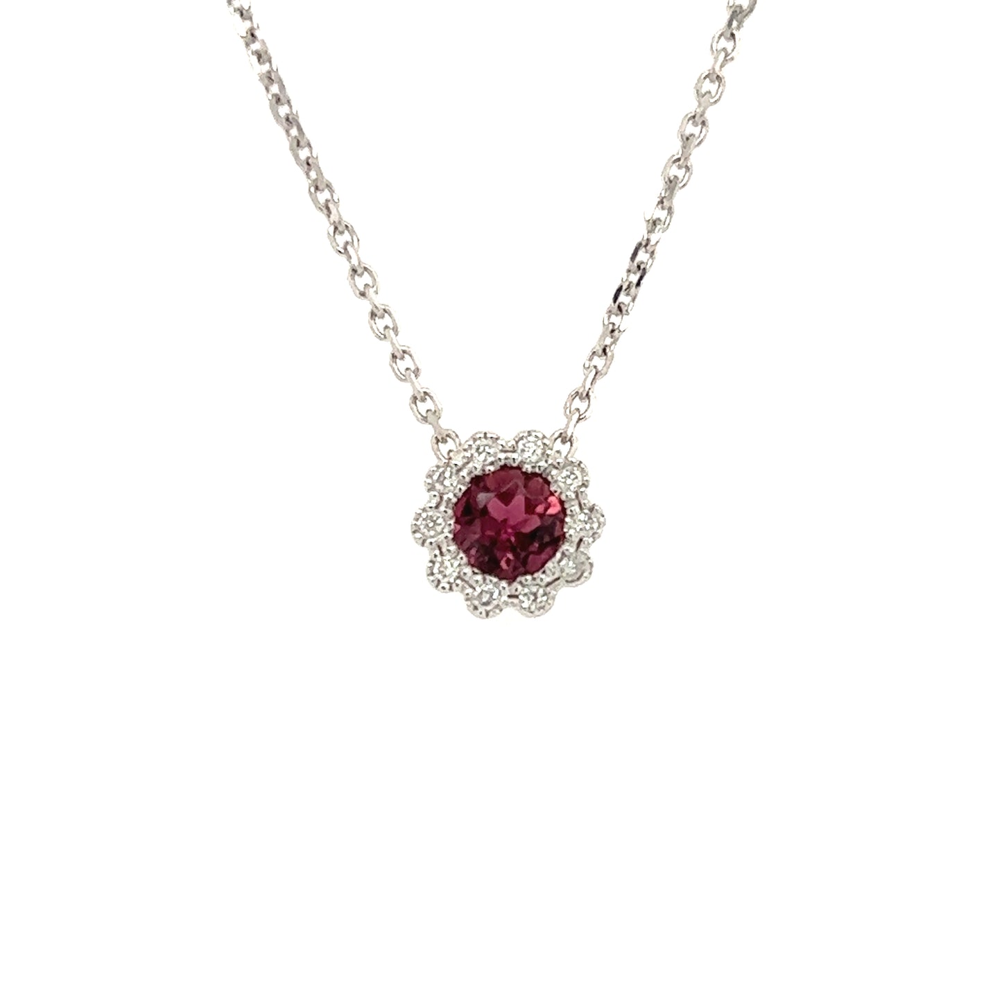 Floral Tourmaline Pendant with Diamond Halo in 14K White Gold Front Pendant and Chain Alternative View