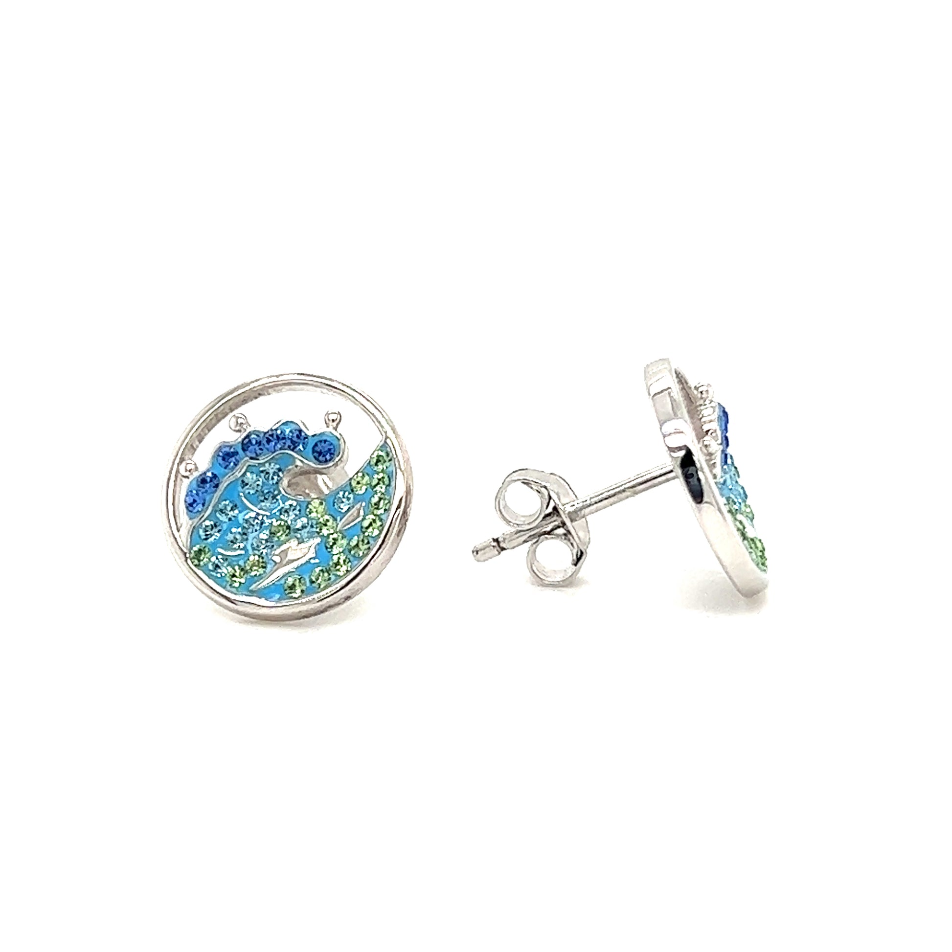 Wave Stud Earrings with Blue, Aqua and Green Crystals in Sterling Silver. Front and Side View