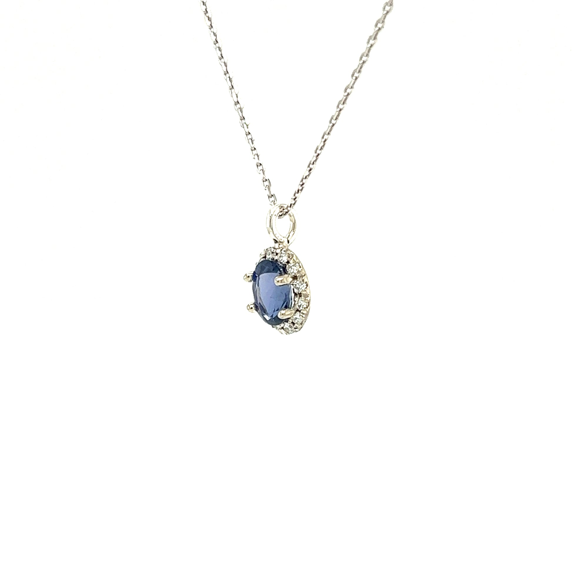 Oval Blue Sapphire Pendant with 0.24ctw of Diamonds in 14K White Gold Pendant and Chain Right Side View