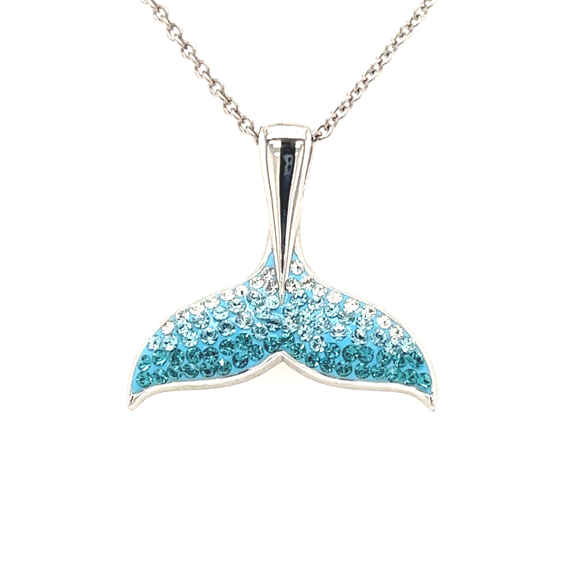 Whale Tail Necklace with Aqua Crystals in Sterling Silver Pendant Front View