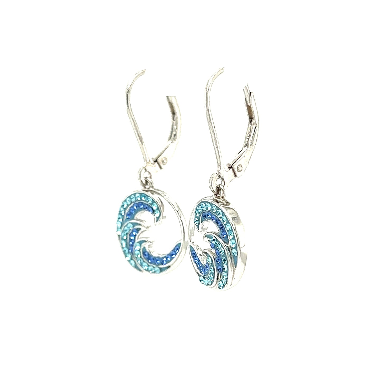 Wave Dangle Earrings with Blue and Aqua Crystals in Sterling Silver Right Side View