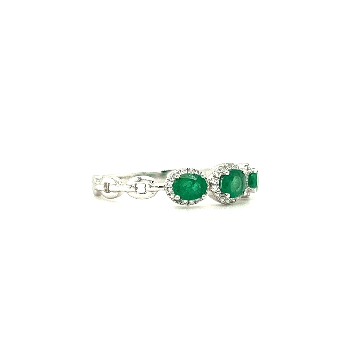 Three Stone Emerald Ring with Forty-Eight Diamonds in 14K White Gold Left Side View