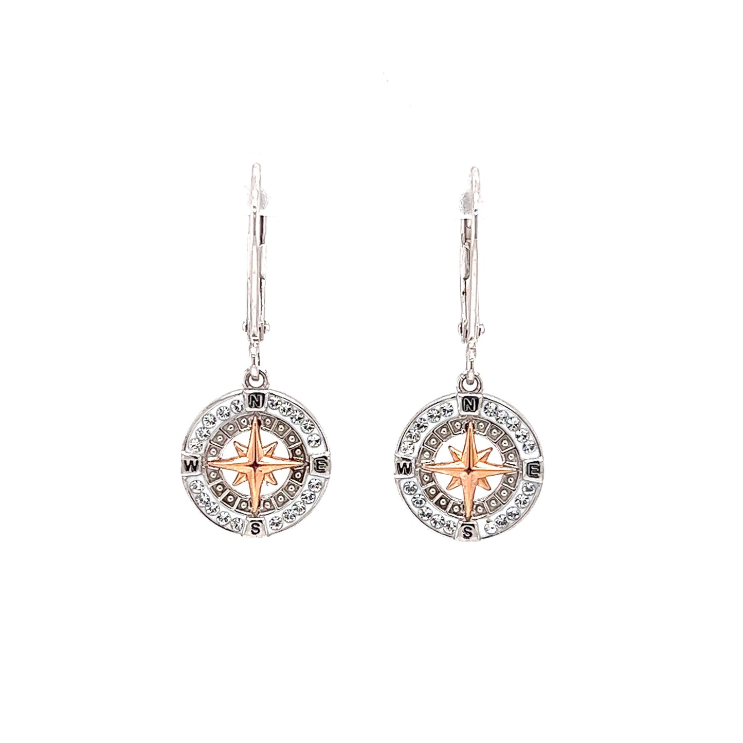 Compass Dangle Earrings with Rose Plated Rose and White Crystals in Sterling Silver Front View