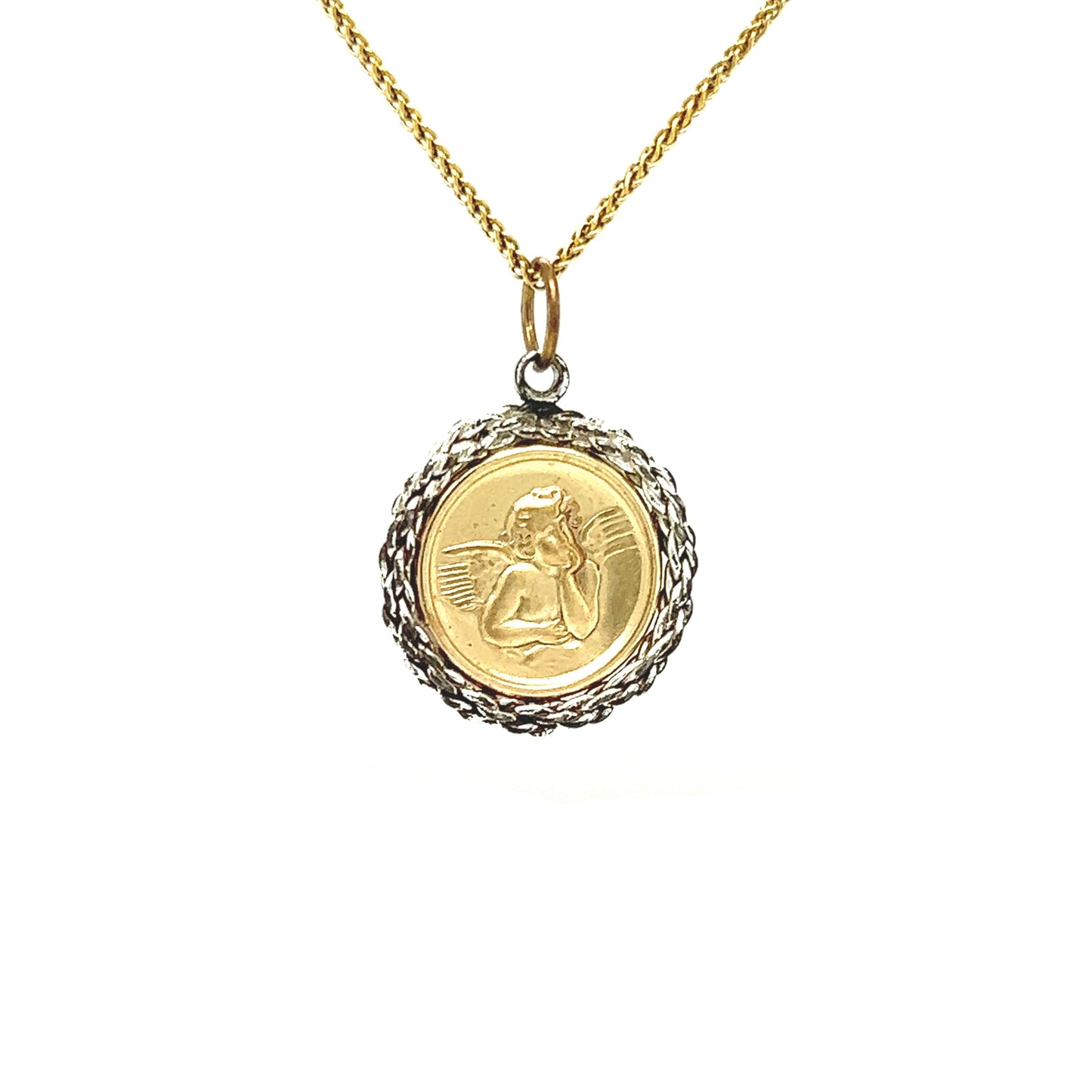 Round Angel Medallion with Textured Frame in 14K Yellow and White Gold Pendant and Yellow Gold Chain