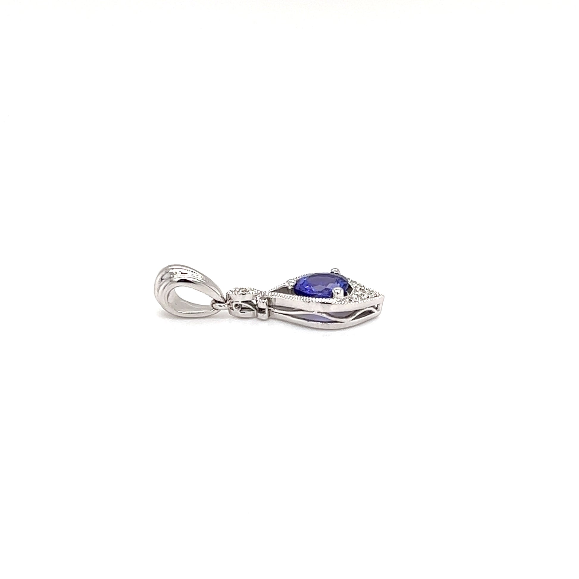 Tanzanite Pendant with Eight Diamonds in 14K White Gold Flat Side View