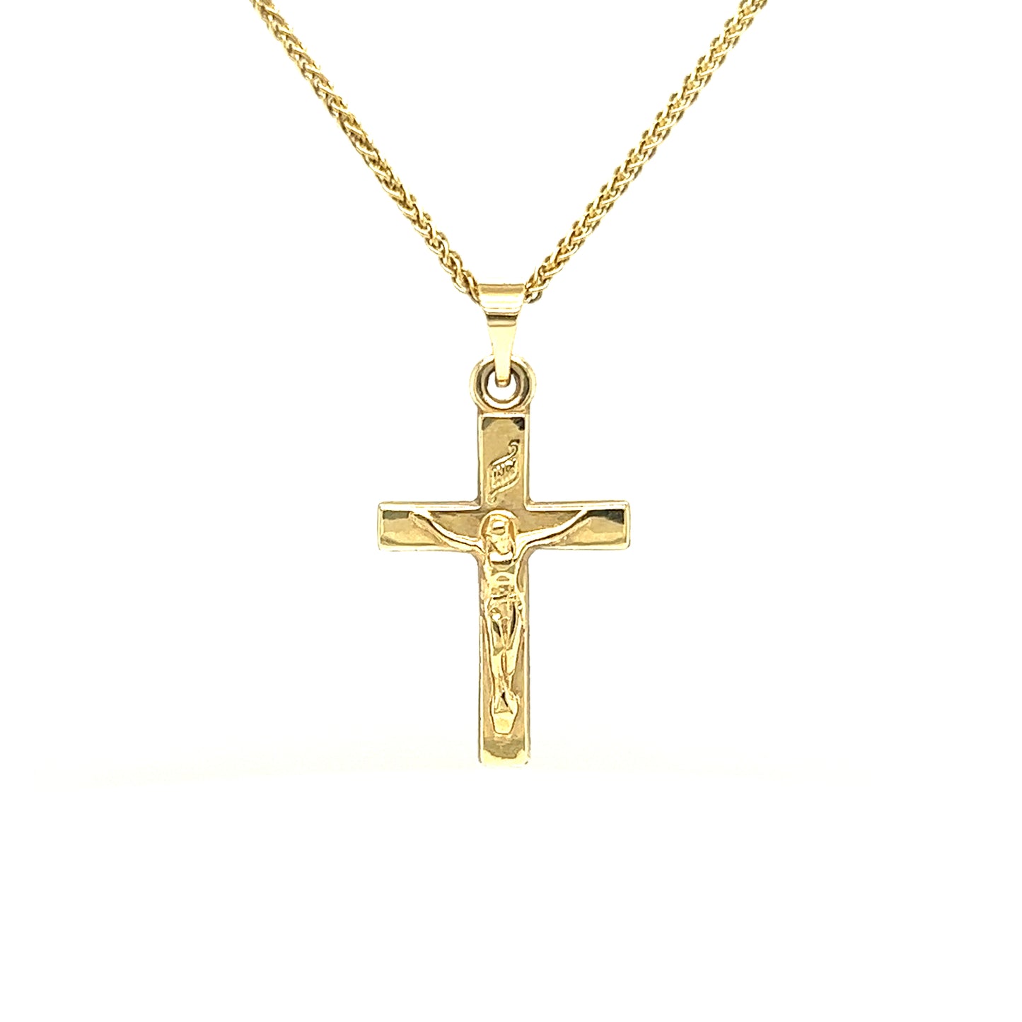 Small Crucifix Pendant in 14K Yellow Gold Pendant and Chain Front View