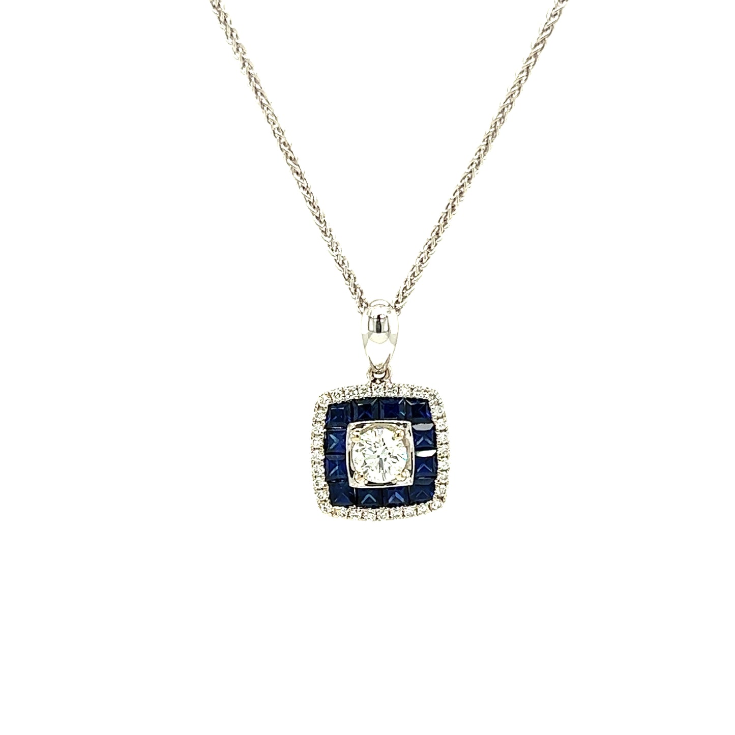 Round Diamond Necklace with Thirty-Two Accent Diamonds and Twelve Ceylon Sapphires in 14K and 10K White Gold Front View