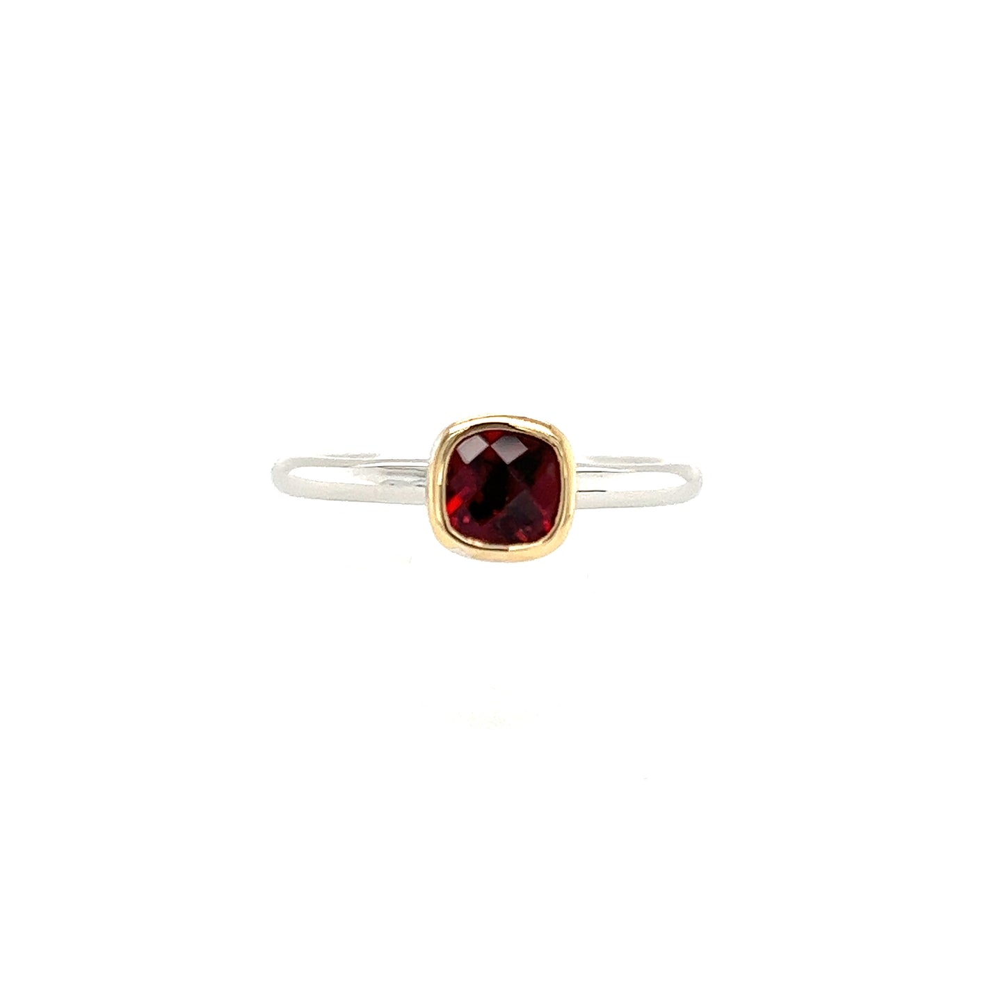 Cushion Garnet Ring in Sterling Silver with 14K Yellow Gold Accent Front View