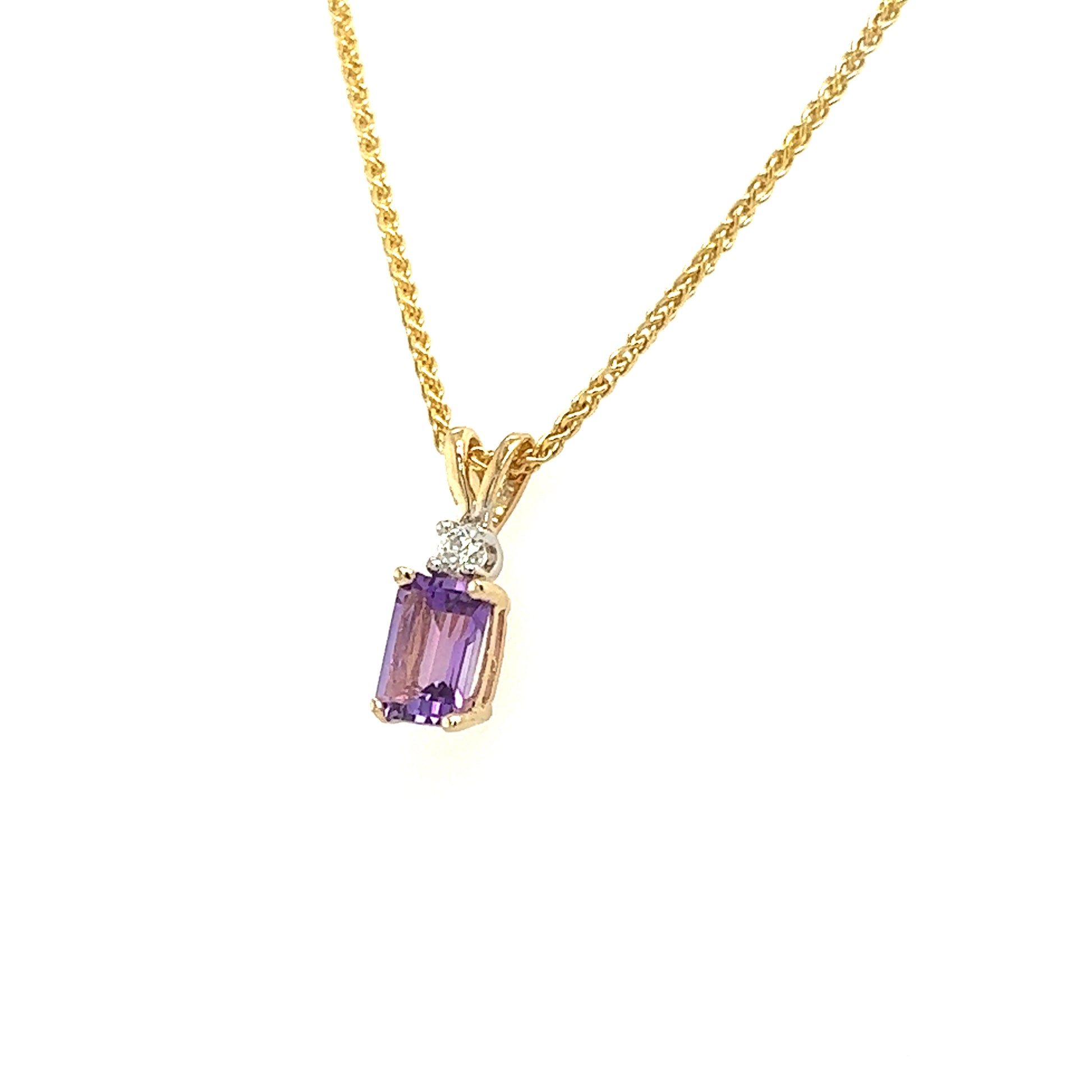 Baguette Amethyst Pendant with Diamond Accent is 14K Yellow Gold Pendant and Chain Right Side View
