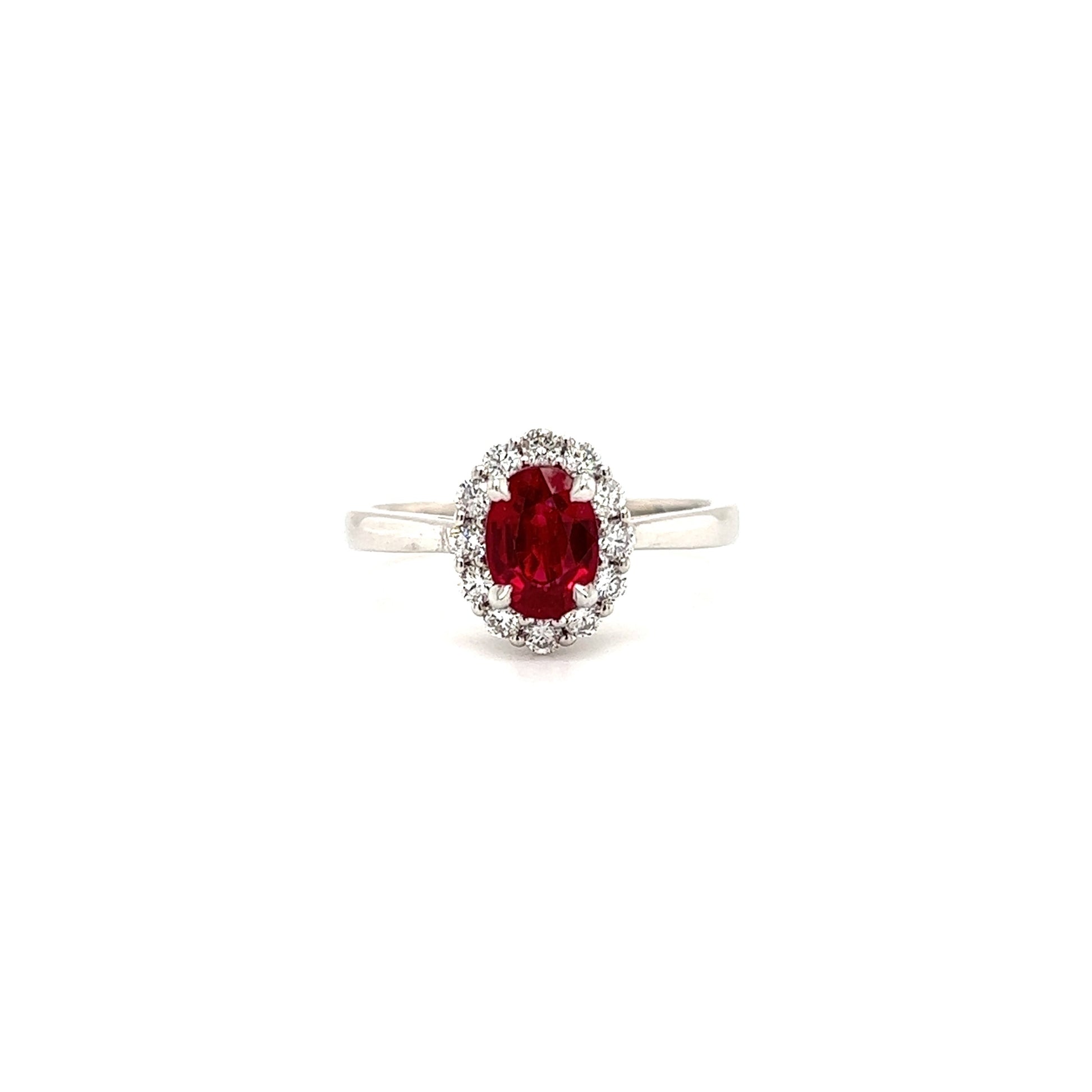 Oval Ruby Ring with Diamond Halo in 14K White Gold Front Lower Angle View