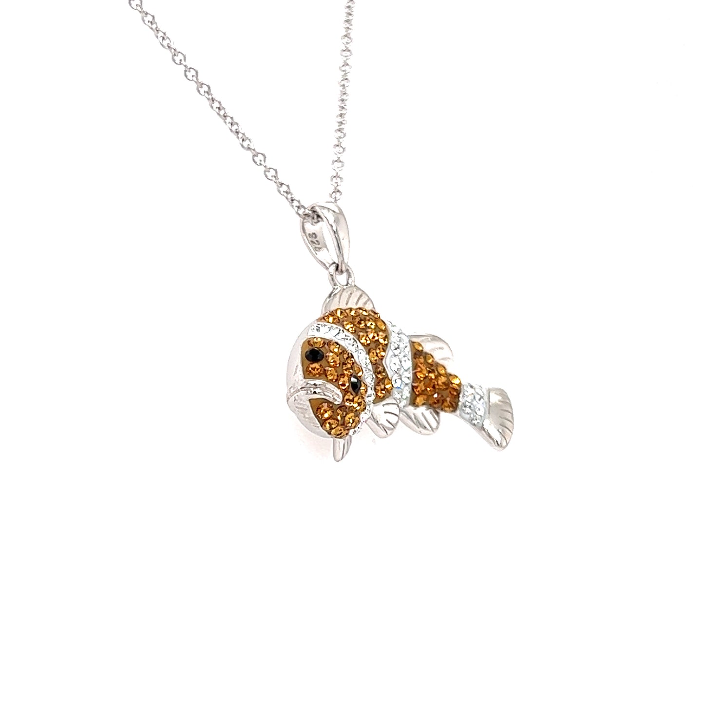 Clownfish Necklace with Orange and White Crystals in Sterling Silver Left Side View