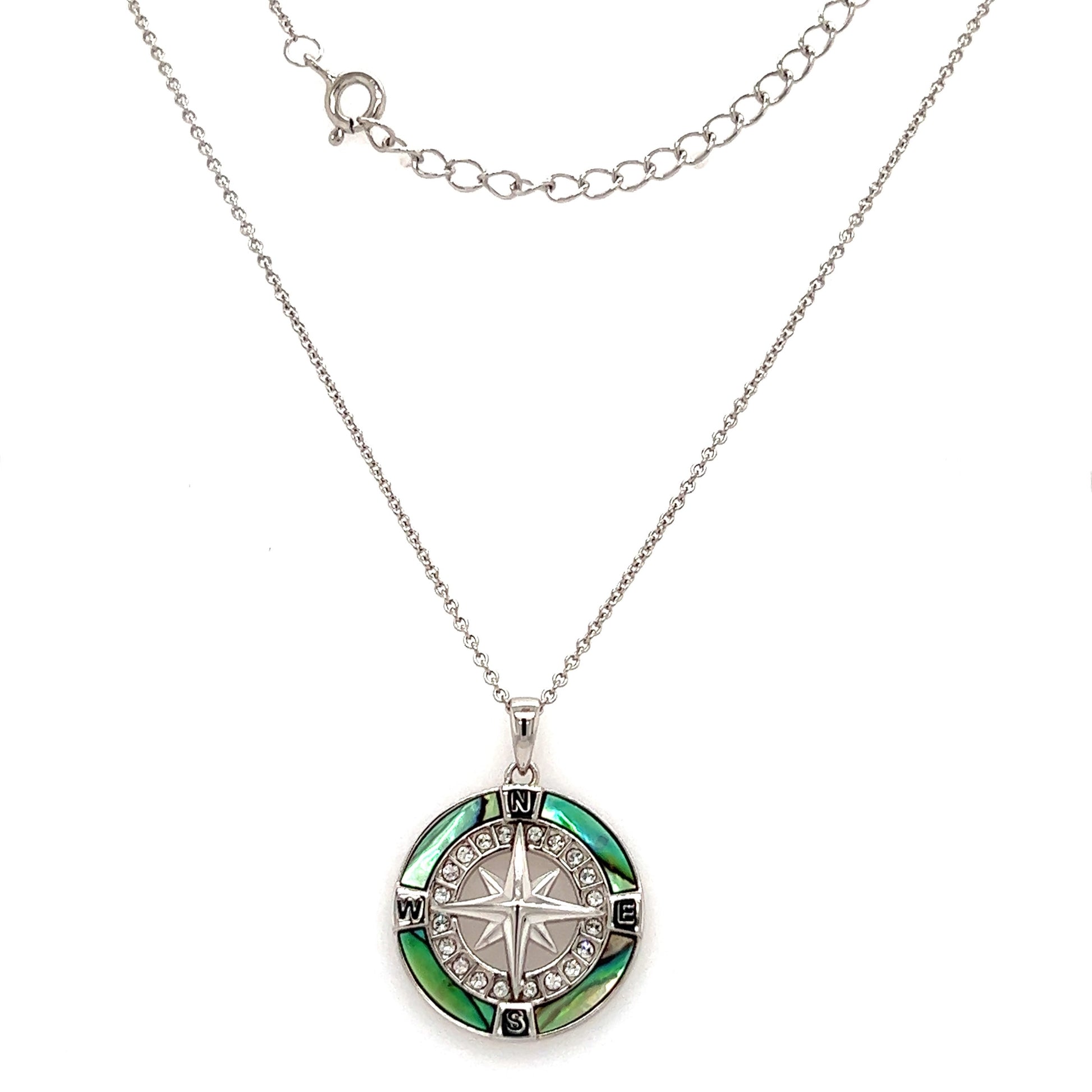 Abalone Shell Compass Necklace with Crystals in Sterling Silver Front Full Necklace View