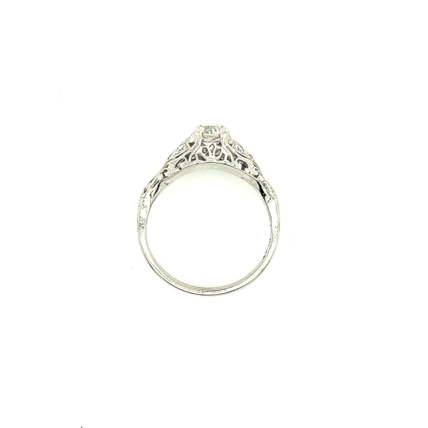 Old European-Cut Diamond Ring with Six Side Diamonds in Platinum Top View