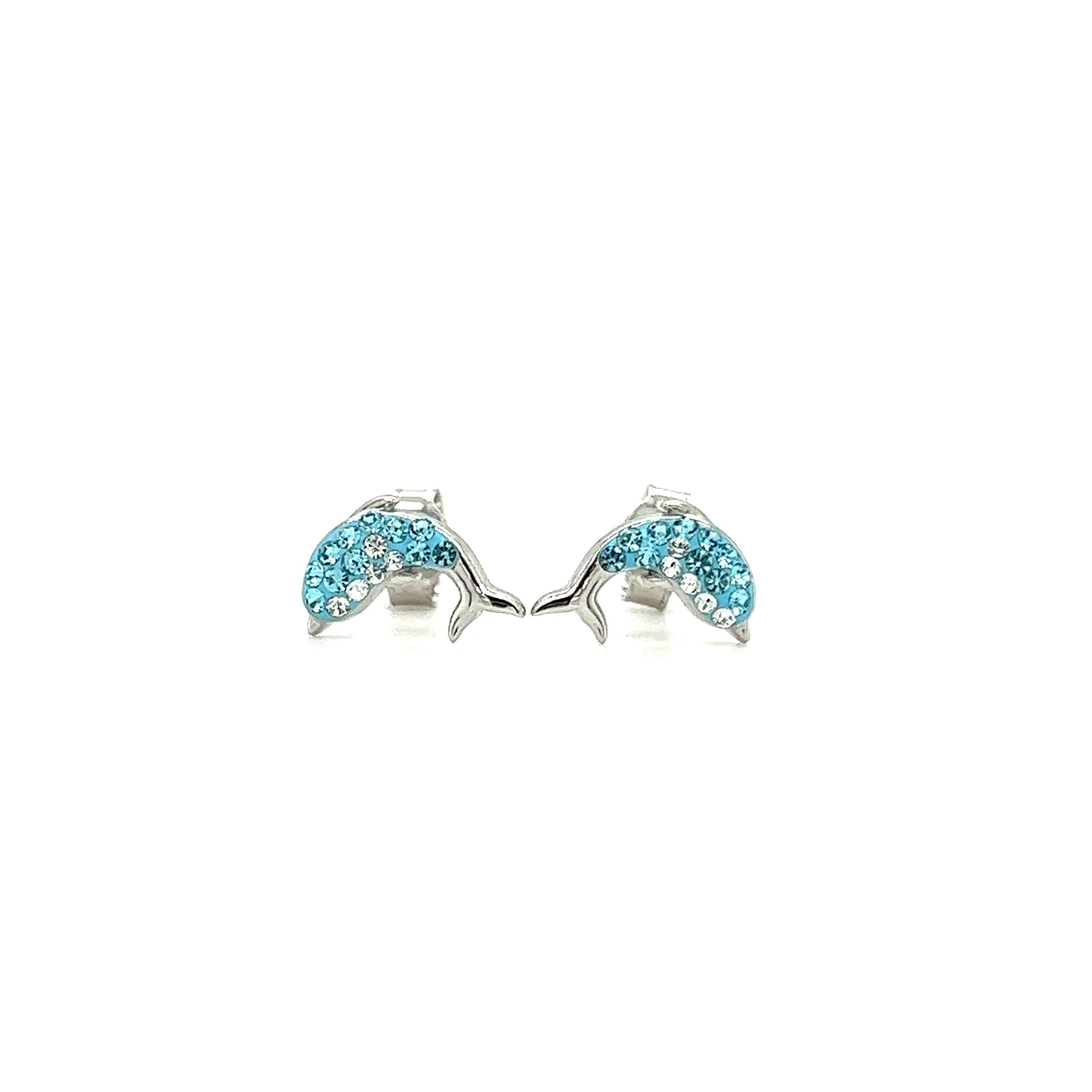 Dolphin Stud Earrings with Aqua and White Crystals in Sterling Silver Front View
