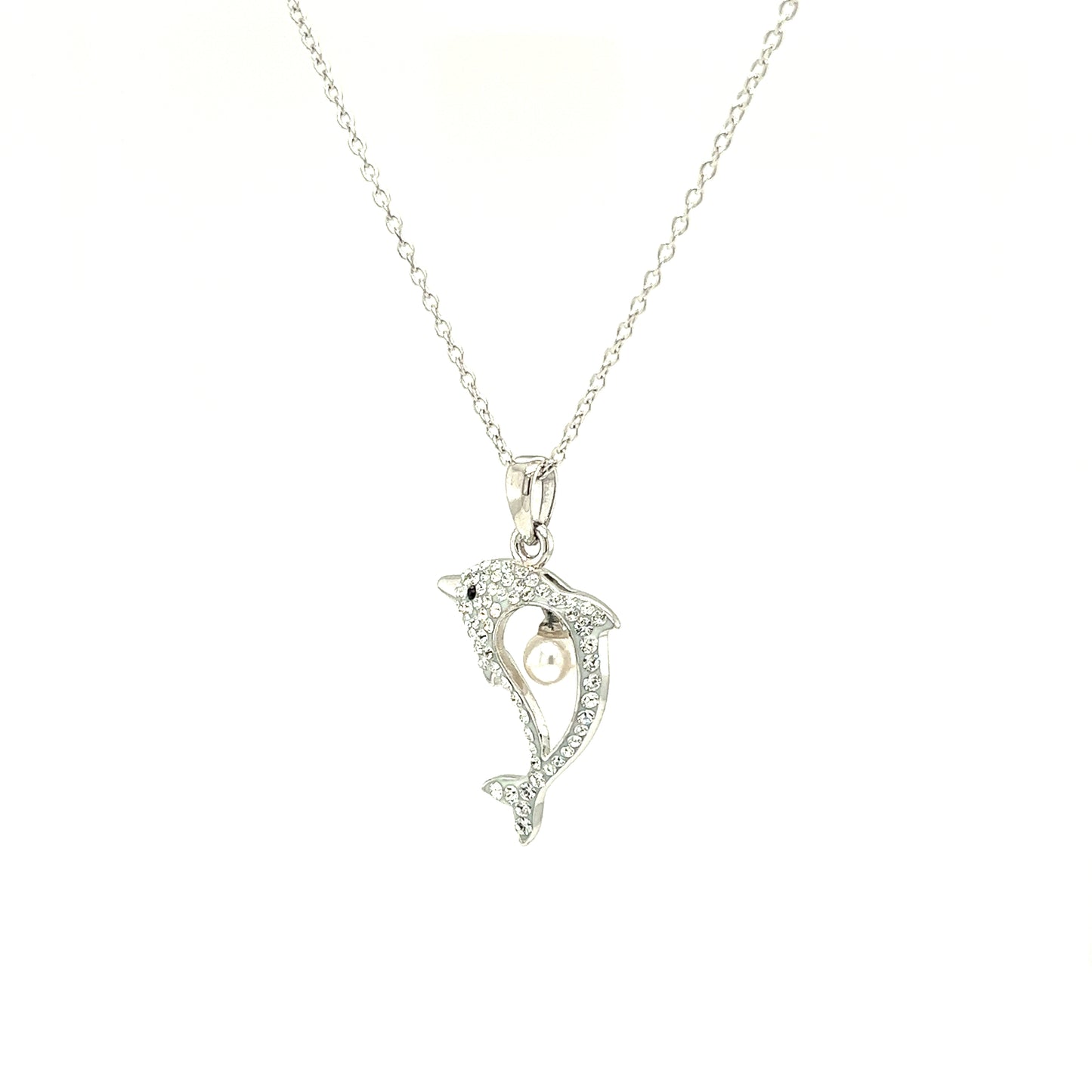 Dolphin Necklace With 4mm White Pearl and White Crystals in Sterling Silver Left Side View