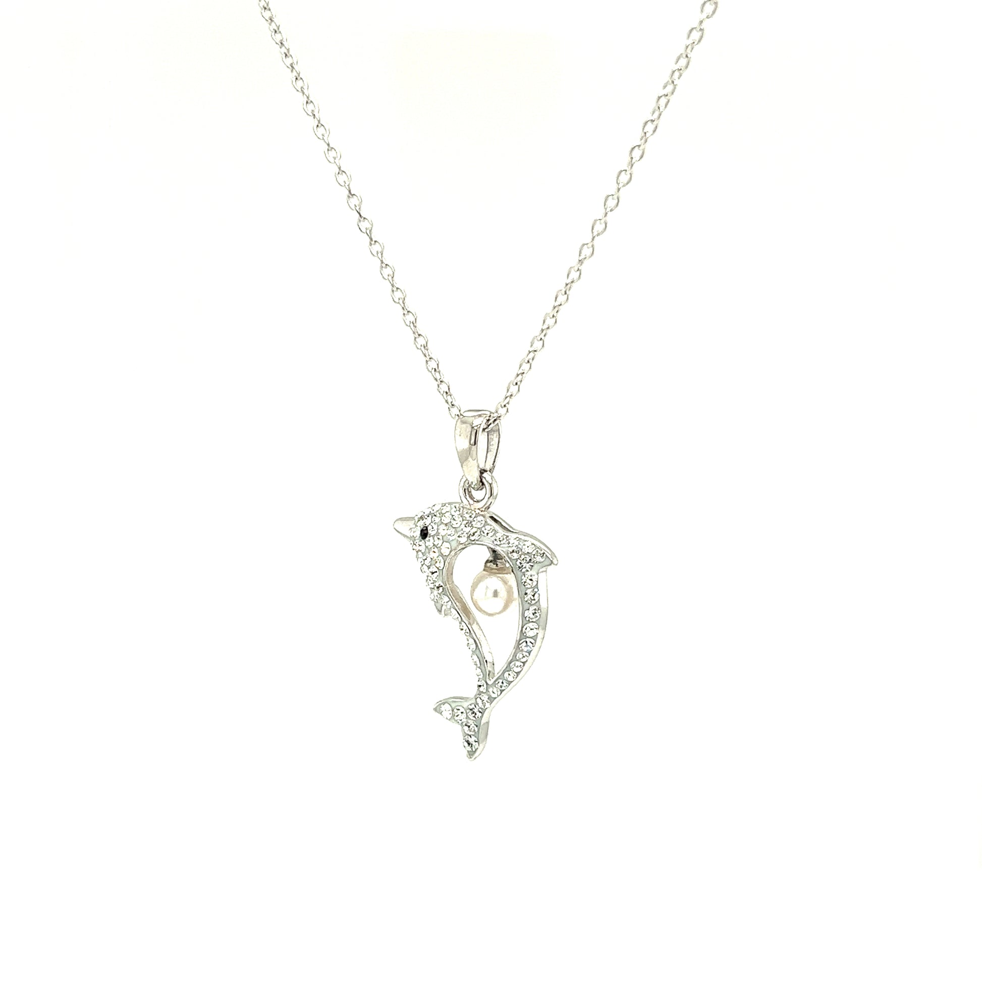 Dolphin Necklace With 4mm White Pearl and White Crystals in Sterling Silver Left Side View