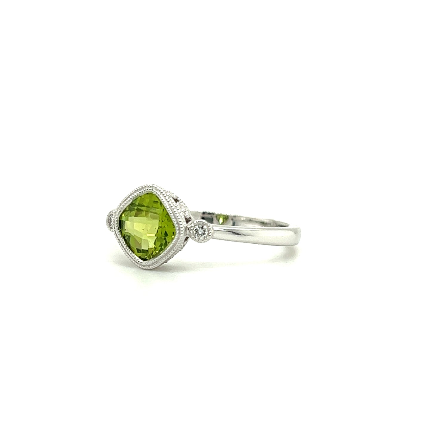 Cushion Peridot Ring with Two Side Diamonds in 14K White Gold Right Side View