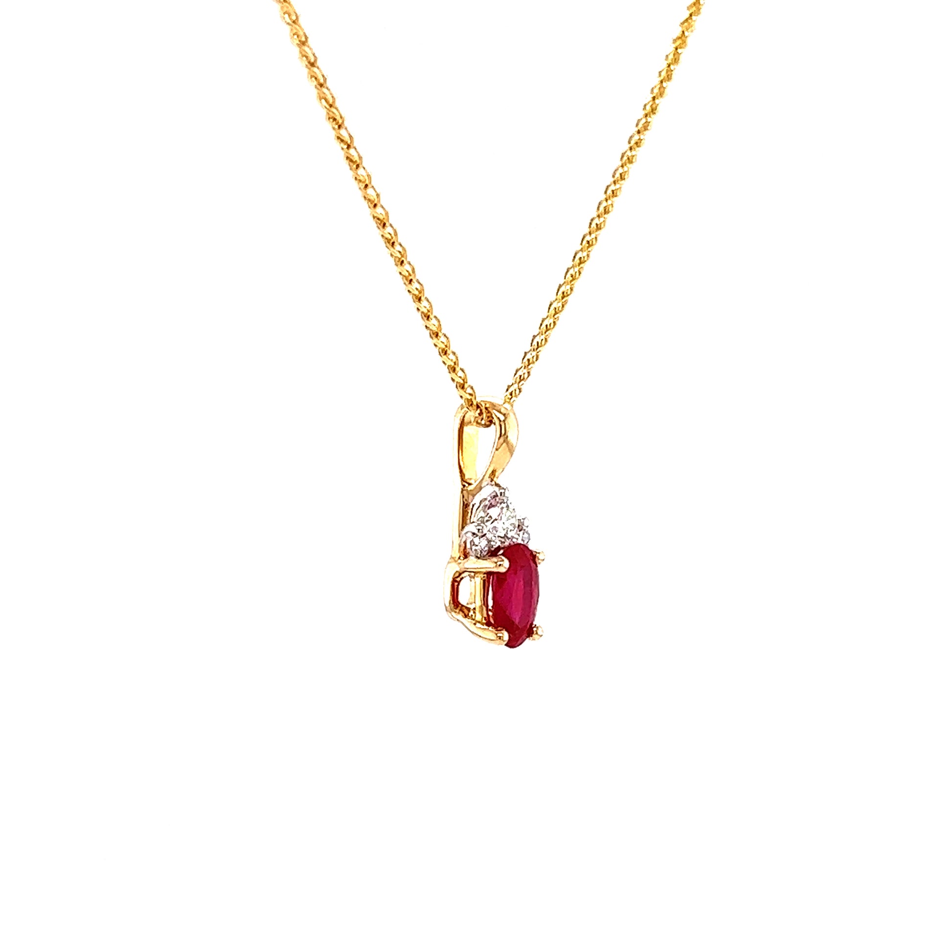 Oval Ruby Pendant with Three Accent Diamonds in 14K Yellow Gold Pendant and Chain Left Side View