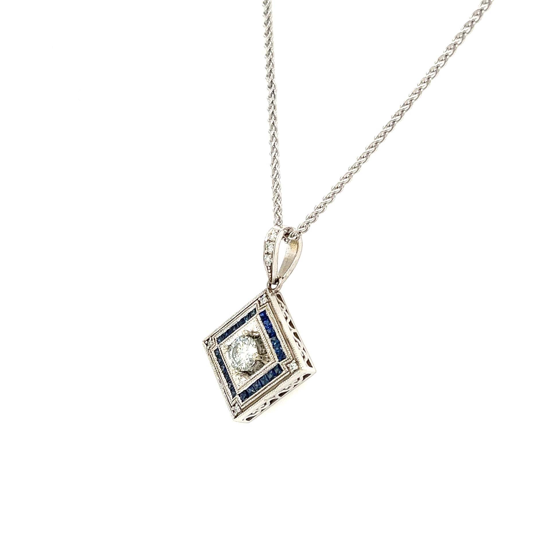 Square on Point Diamond Necklace with 0.64ctw of Blue Sapphires in White Gold Right Side View