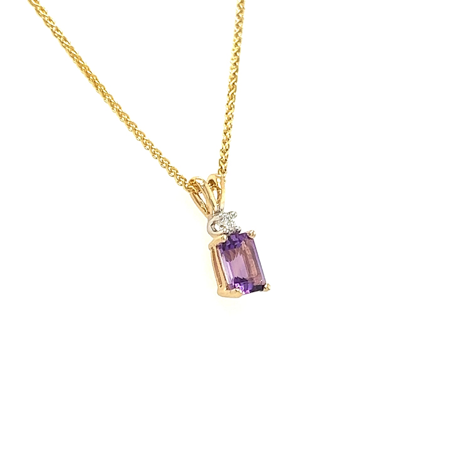 Baguette Amethyst Pendant with Diamond Accent is 14K Yellow Gold Pendant and Chain Left Side View