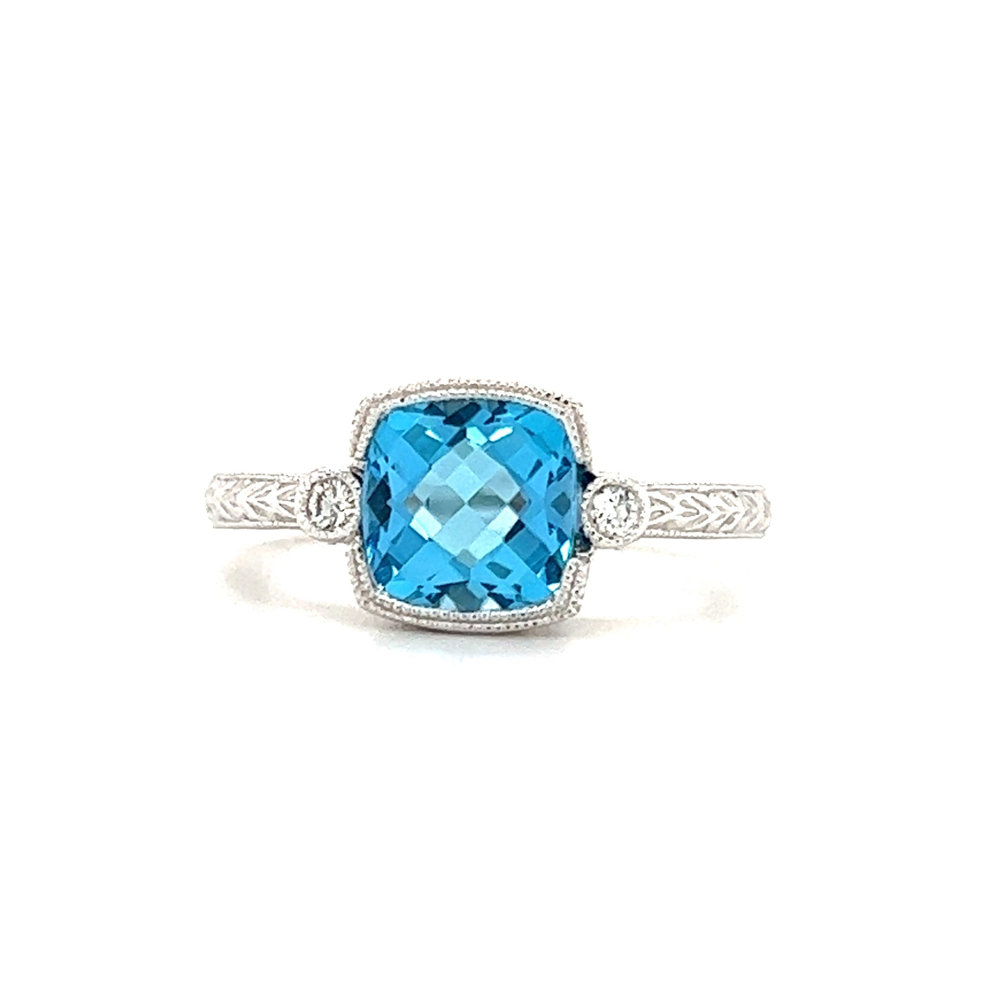Blue Topaz Ring with Side Diamonds and Engraving in 14k White Gold Front View
