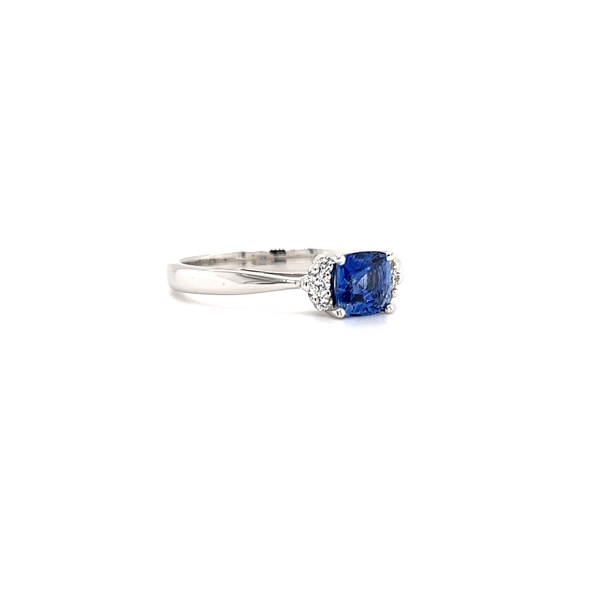 Cushion Sapphire Ring with Six Side Diamonds in 14K White Gold Left Side View