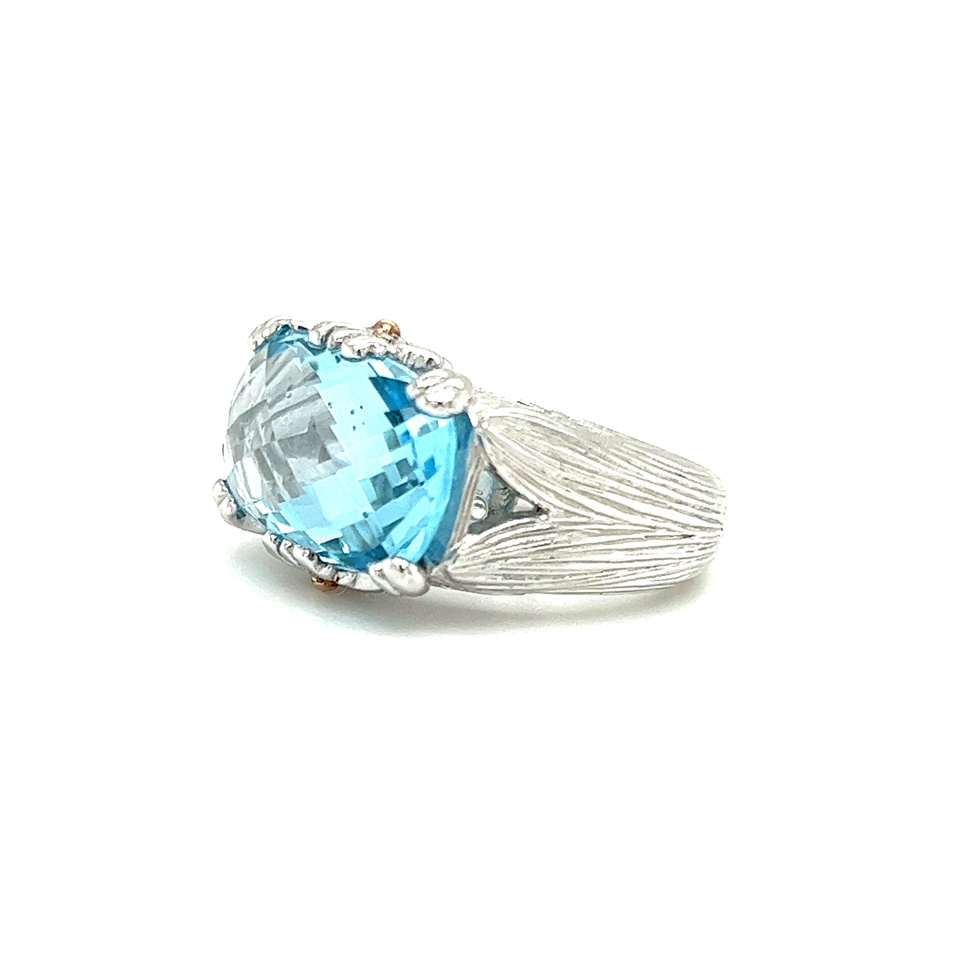 Elongated Cushion Blue Topaz Ring with 18K Yellow Gold Accents in Sterling Silver Right Side View