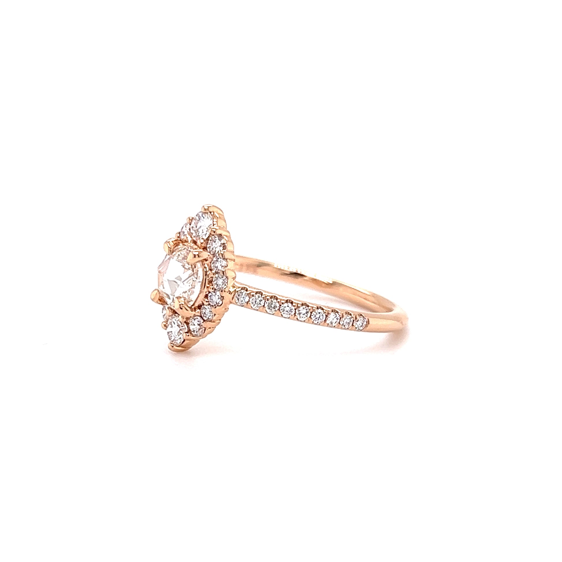 Pink Diamond Ring with Thirty-Two Side Diamonds in 18K Rose Gold Right Side View