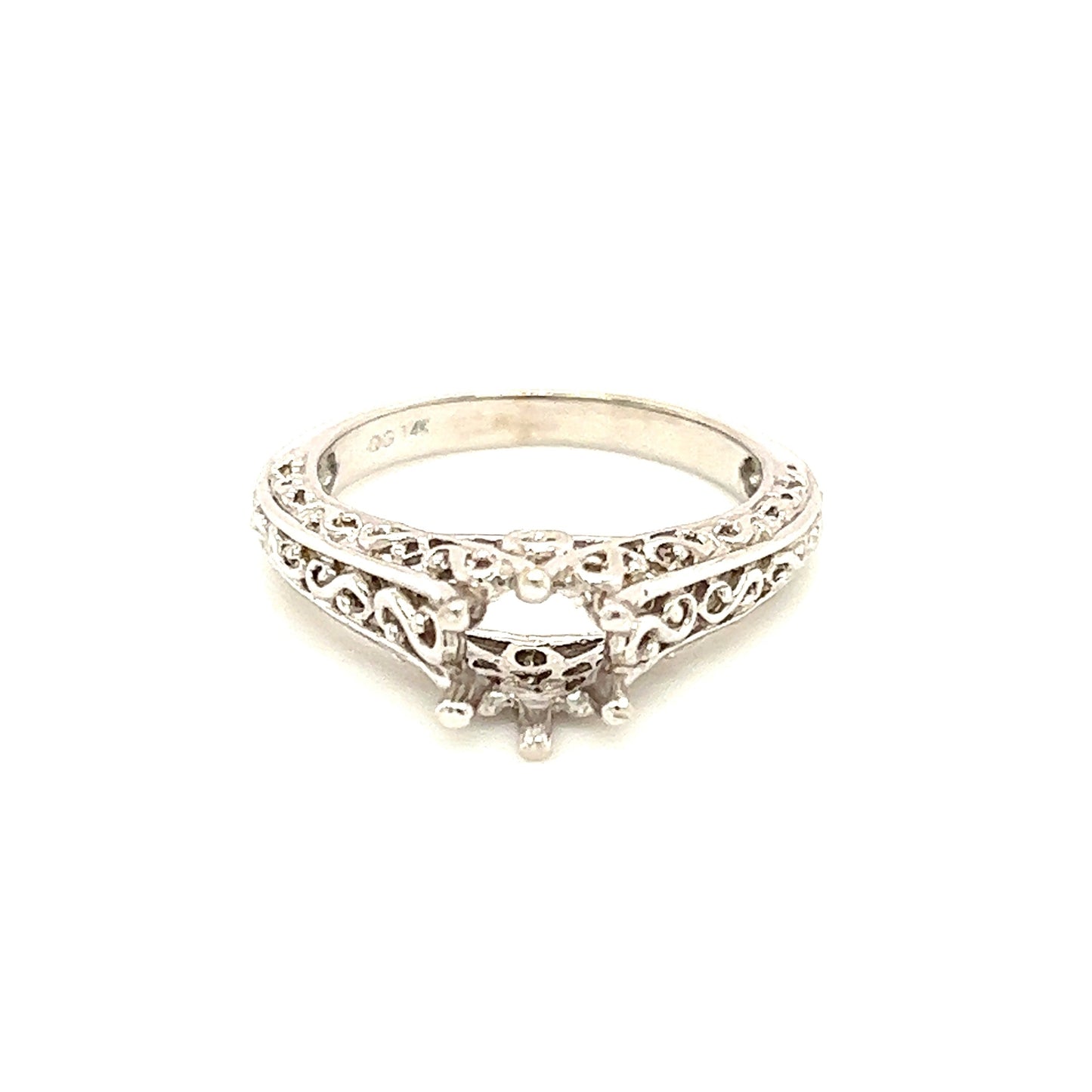 Filigree Ring Setting with Six Prong Head in 14K White Gold Front View