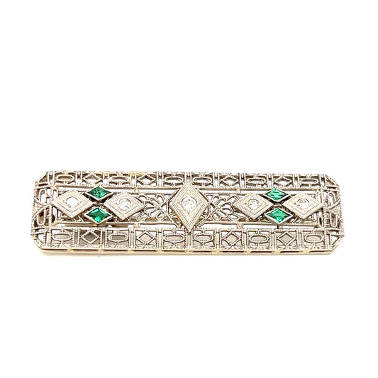 Vintage Diamond Pin With Four Emeralds in 14K White Gold Front View