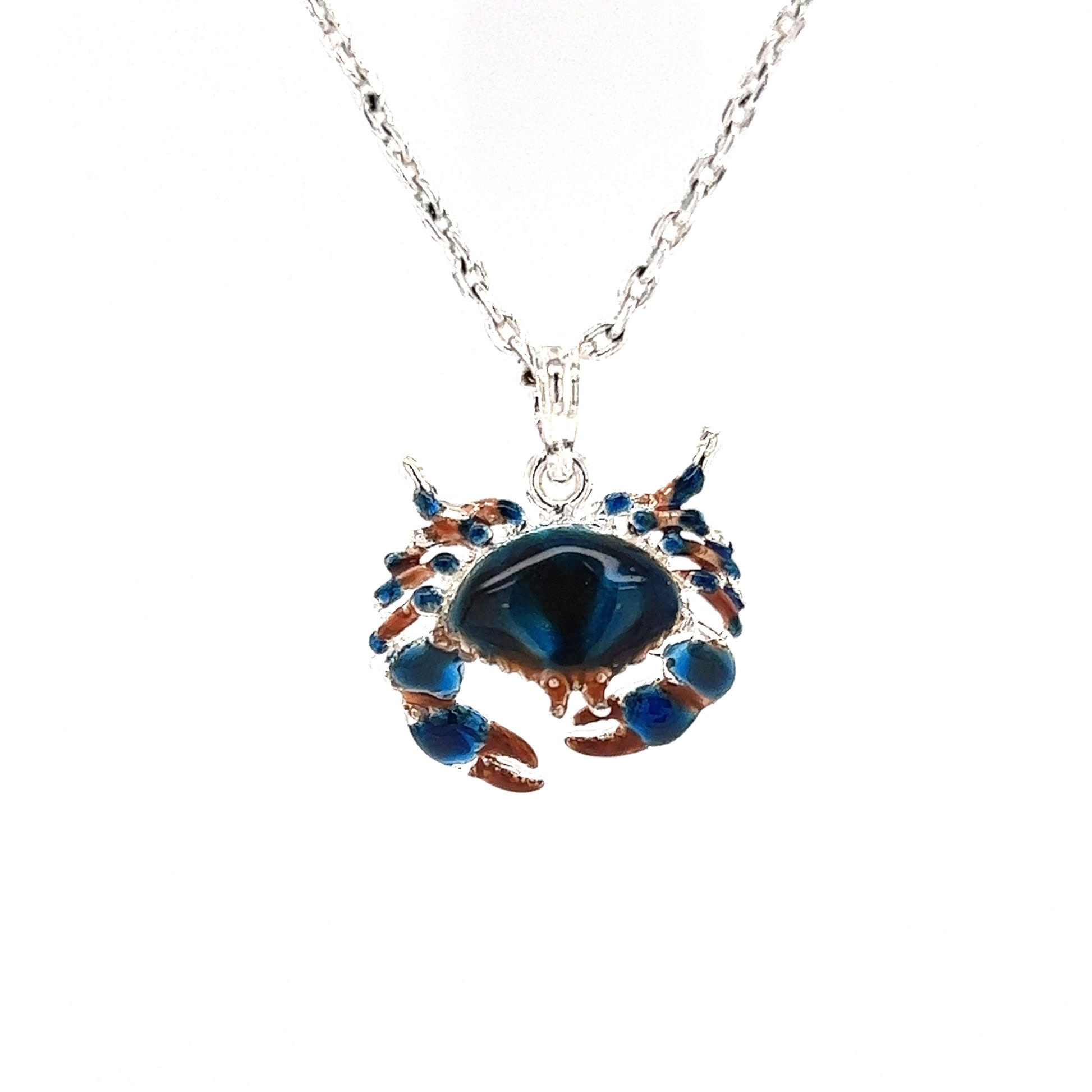 Blue Stone Crab Small Pendant with Enameling in Sterling Silver Front View with Chain