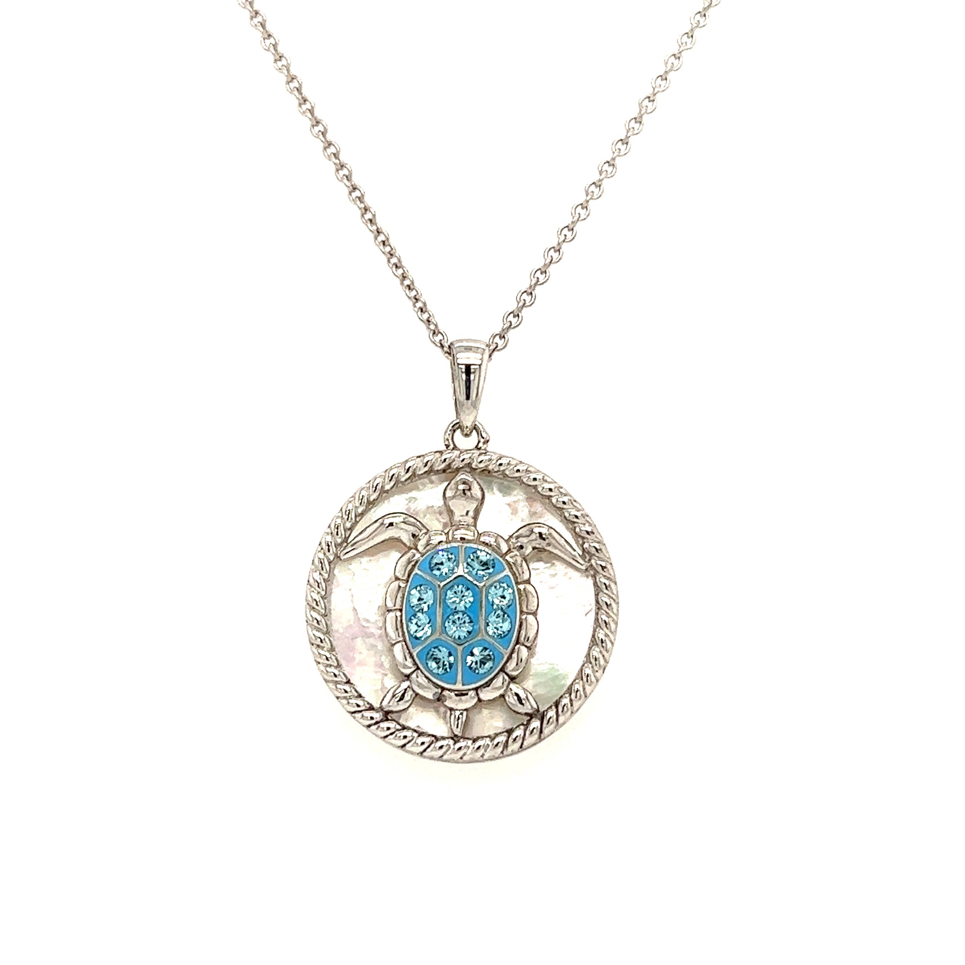 Sea Turtle Necklace with Mother of Pearl  and White Crystals in Sterling Silver. Necklace Front View.