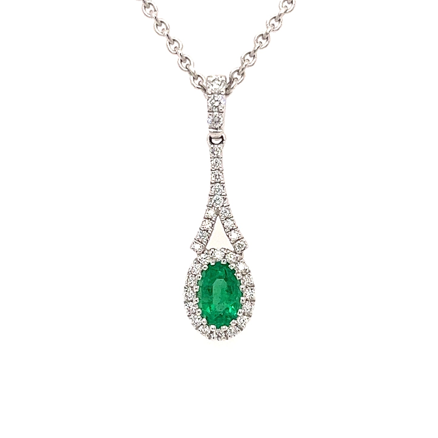 Oval Emerald Pendant with 32 Diamonds in 18K White Gold Pendant Front View