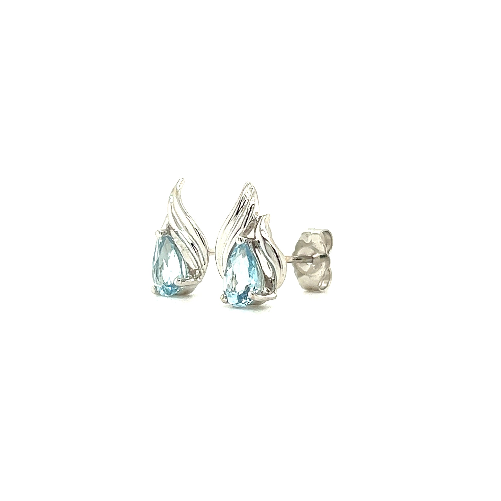 Pear Aquamarine Stud with Flame Motifs Earrings in 14K White Gold Right Side View