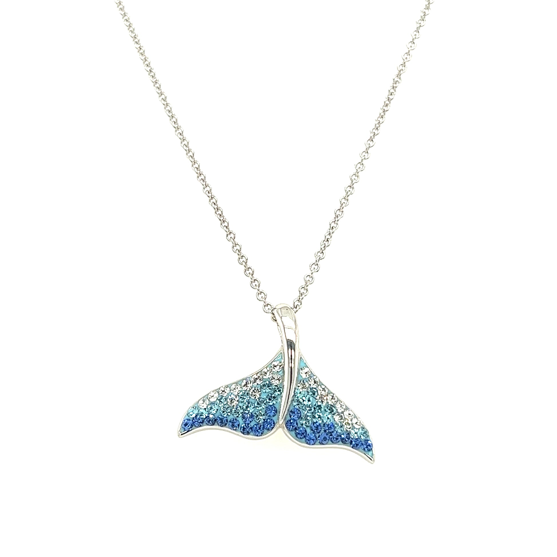 Whale Tail Necklace with White, Aqua and Blue Crystals in Sterling Silver  Front View