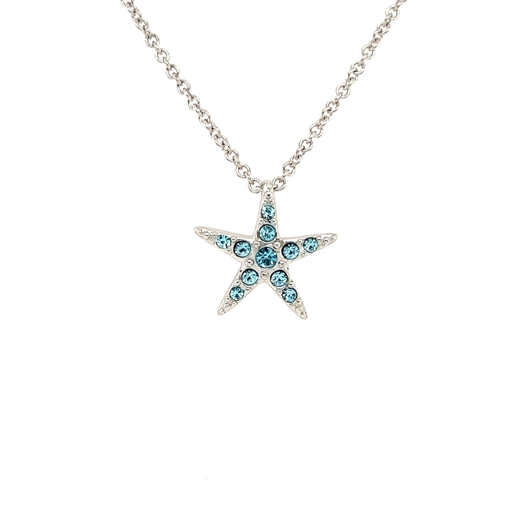 Small Starfish Necklace with Aqua Crystals in Sterling Silver Pendant View