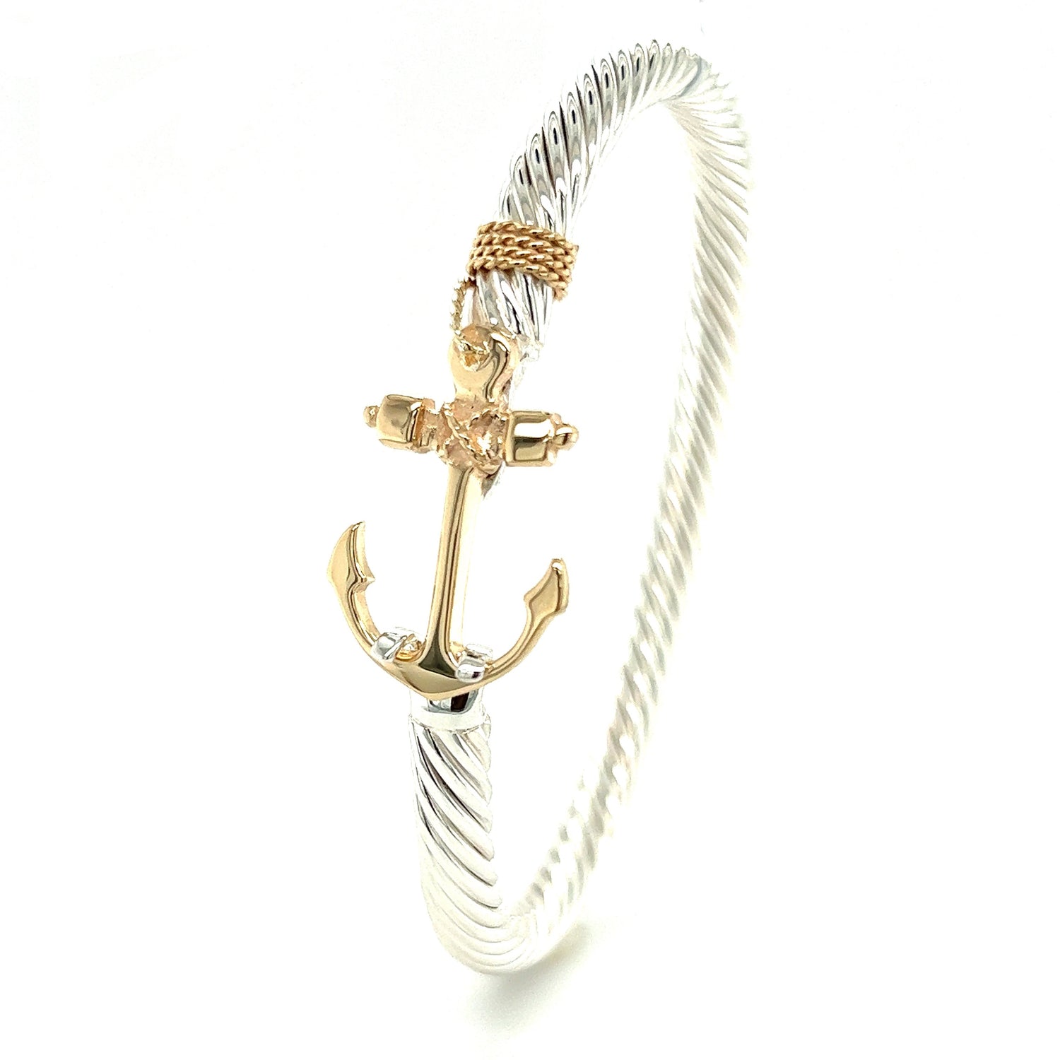 Twisted Cable 5mm Bangle Bracelet with 14K Yellow Gold Anchor and Wrap in Sterling Silver Front View