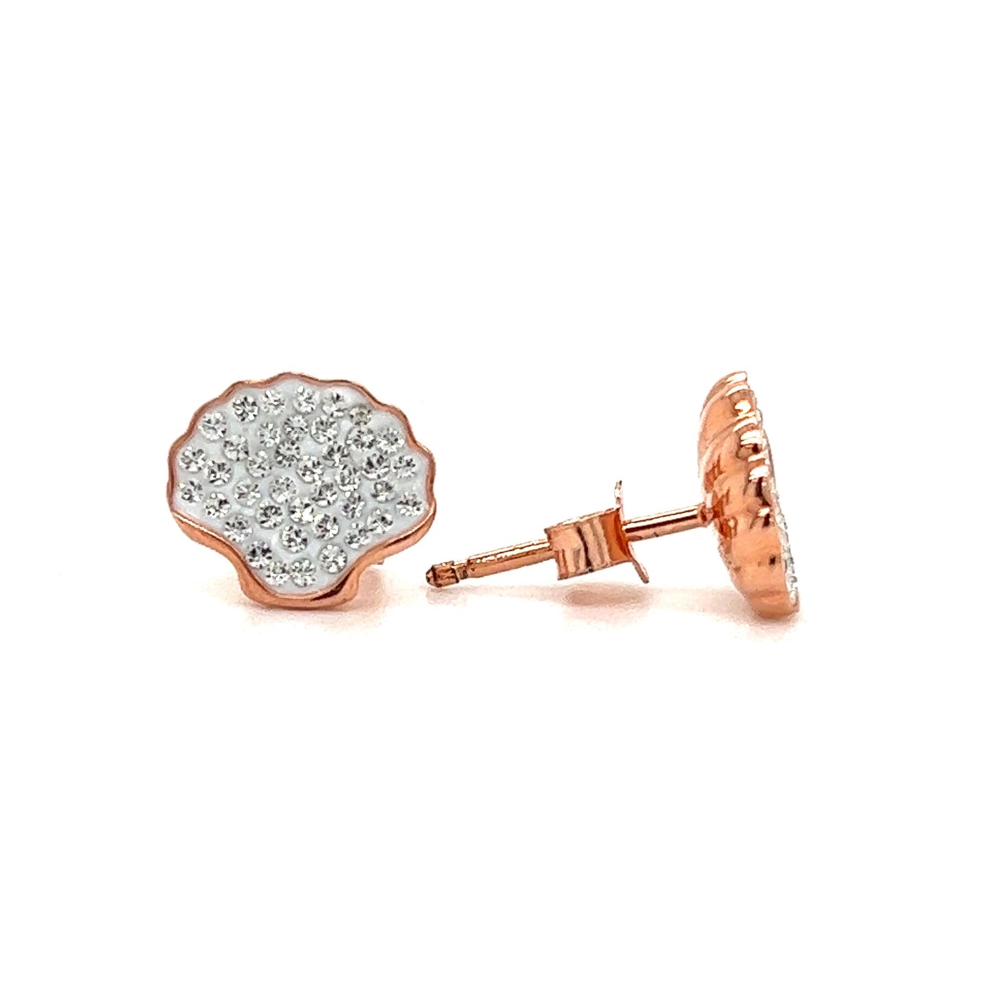 Shell Stud Earrings with White Crystals and Rose Gold Plating in Sterling Silver Front & Profile View