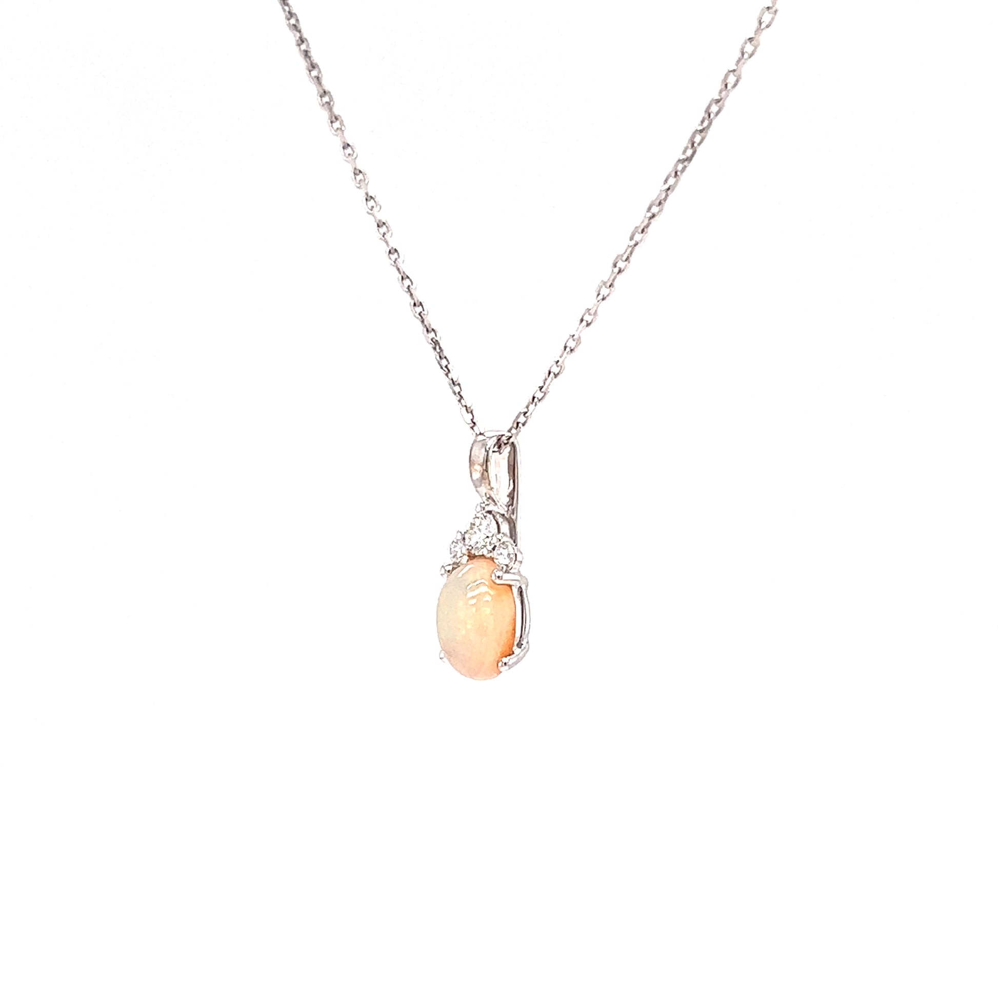 Ethiopian White Opal Pendant with Three Diamonds in 14K White Gold Right Side View with Chain