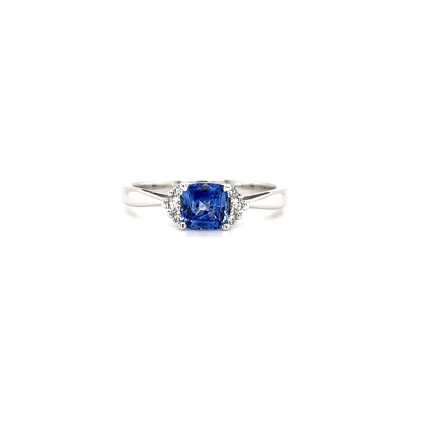 Cushion Sapphire Ring with Six Side Diamonds in 14K White Gold Front View